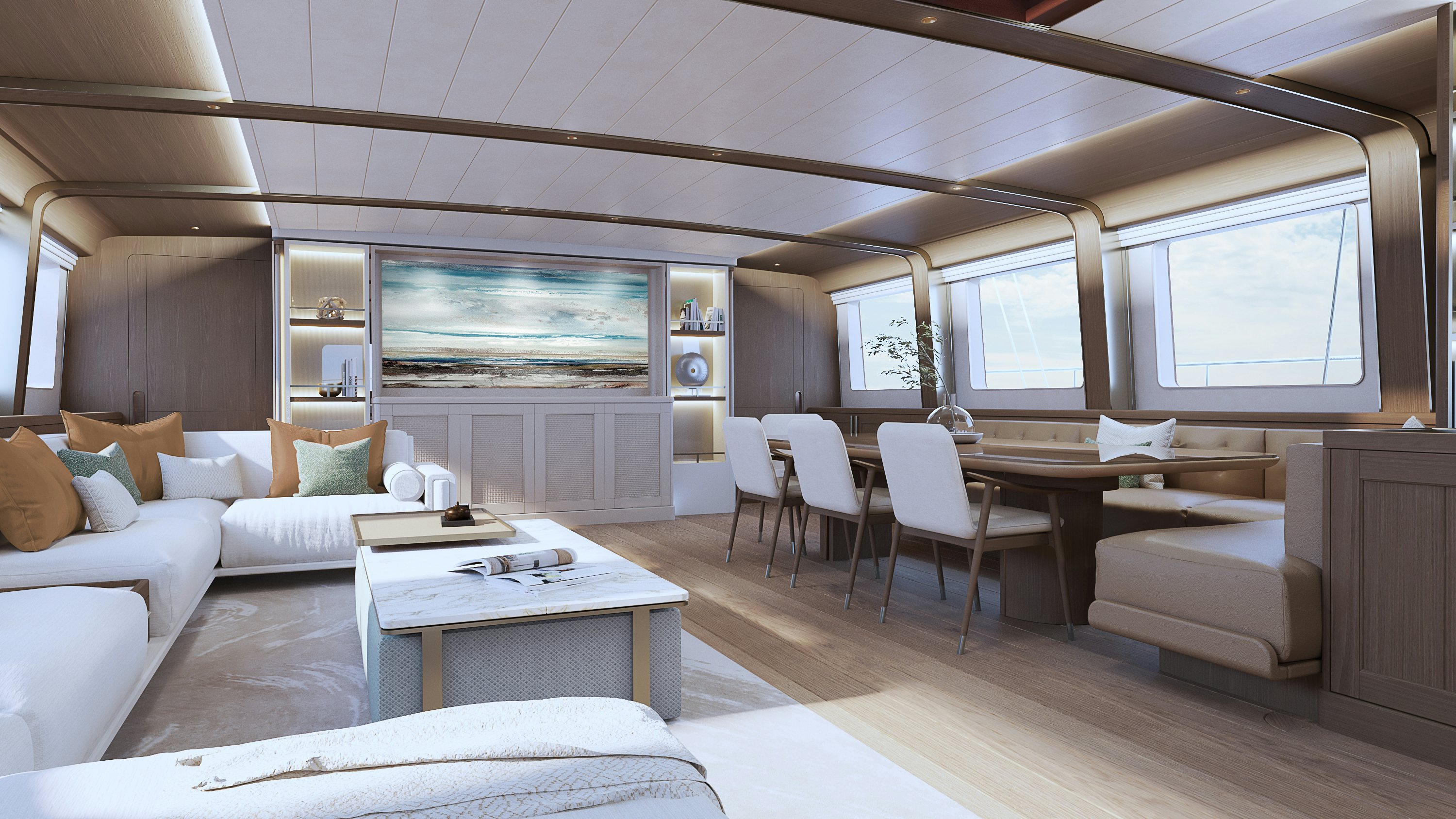 a living room with a large window aboard SIMENA Yacht for Sale