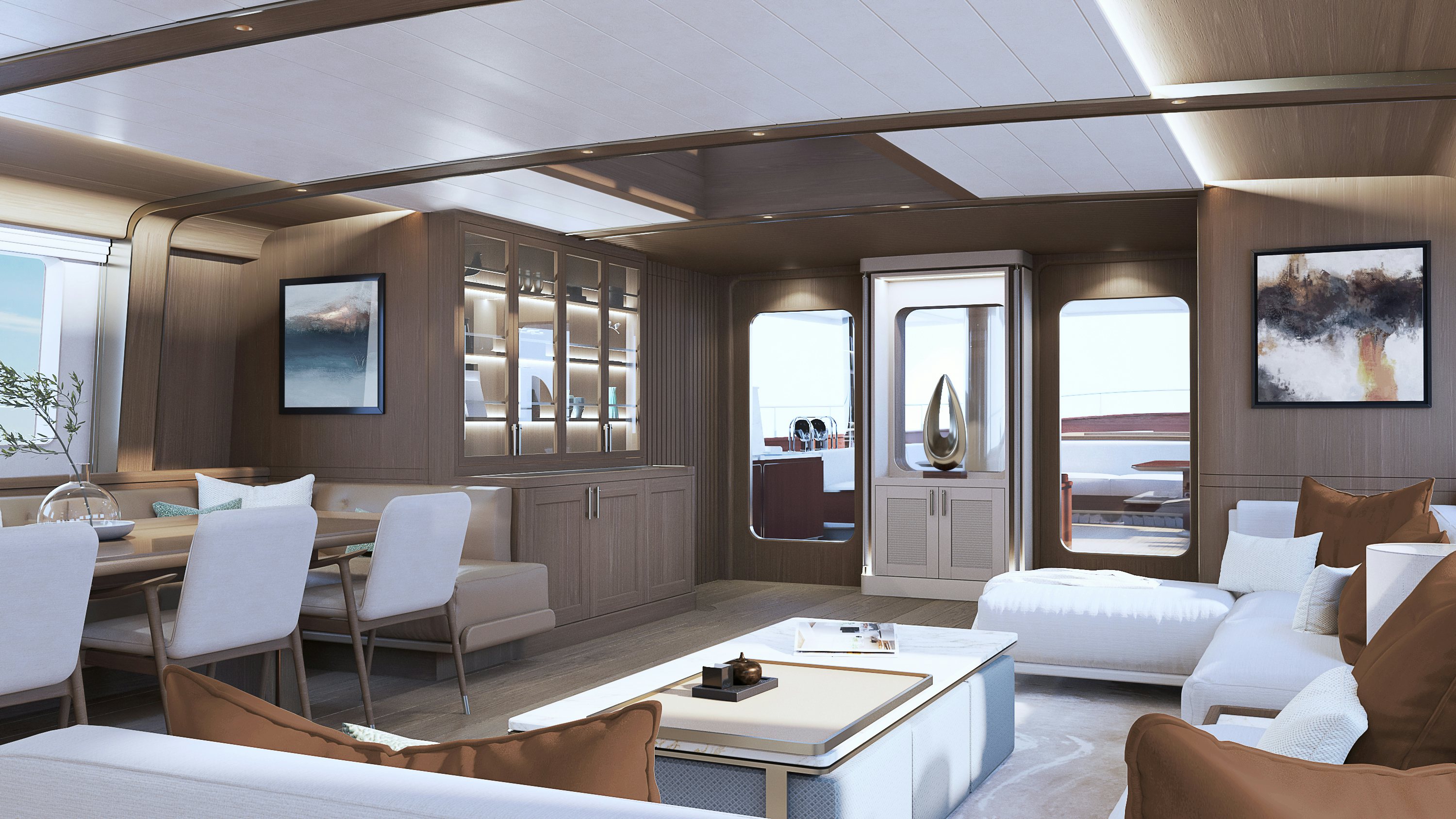 a room with a table chairs and a couch aboard SIMENA Yacht for Sale
