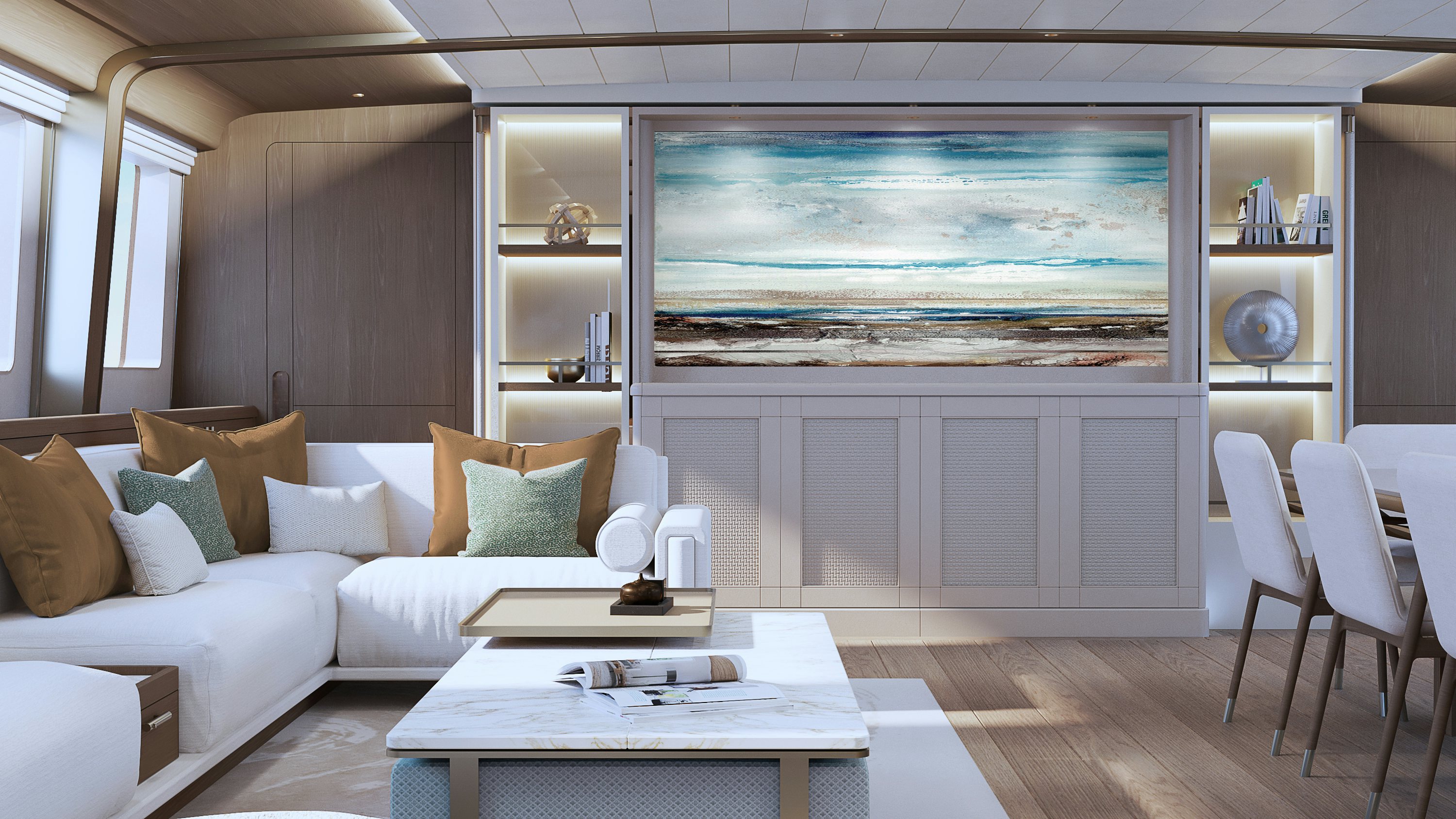 a living room with a large screen aboard SIMENA Yacht for Sale