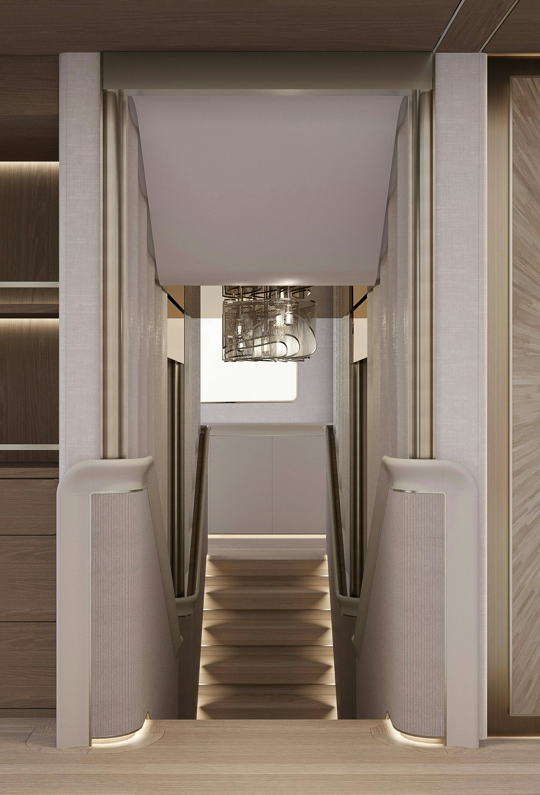 a white staircase with a light fixture aboard SIMENA Yacht for Sale