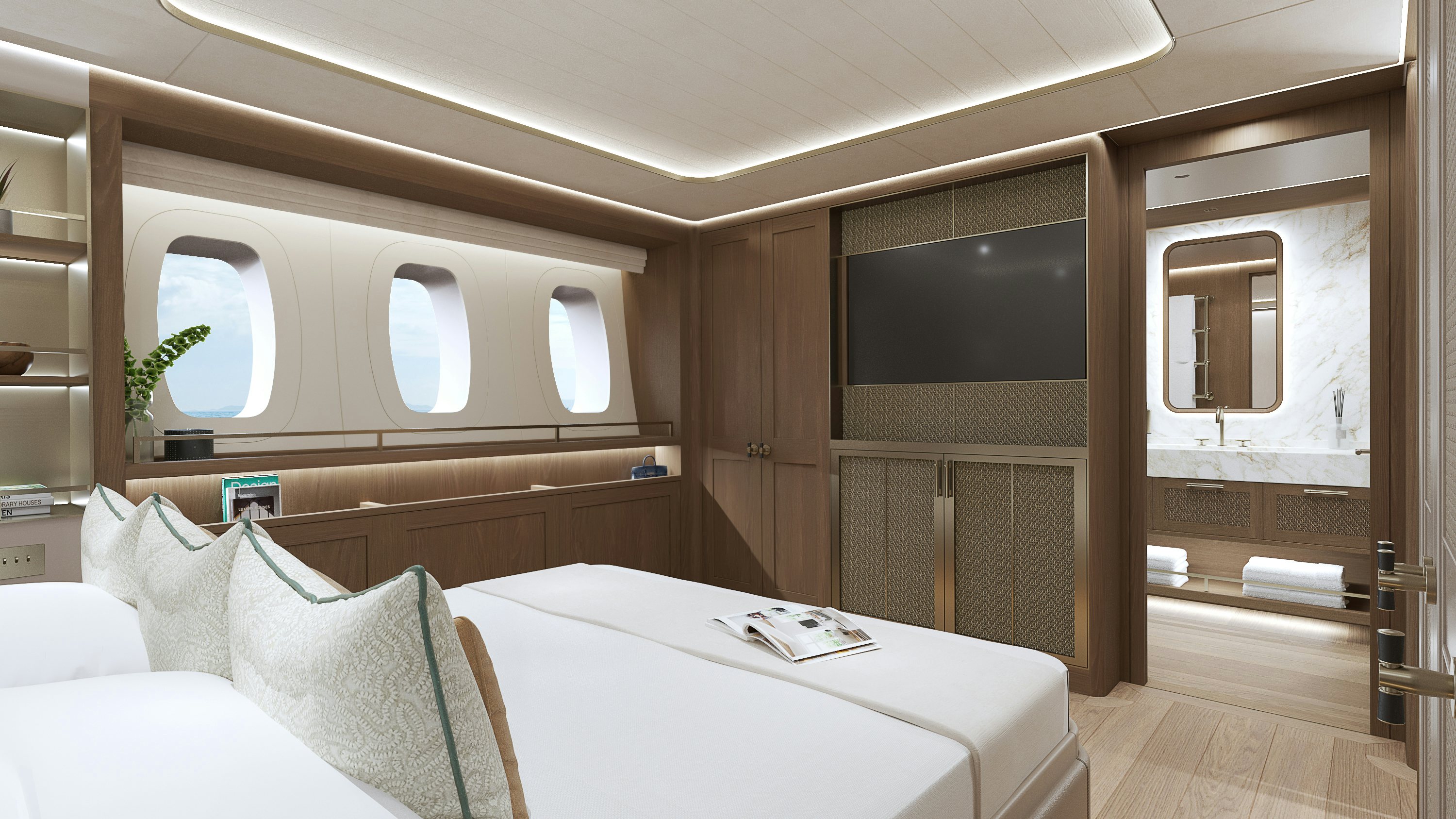 a room with a bed and a mirror aboard SIMENA Yacht for Sale