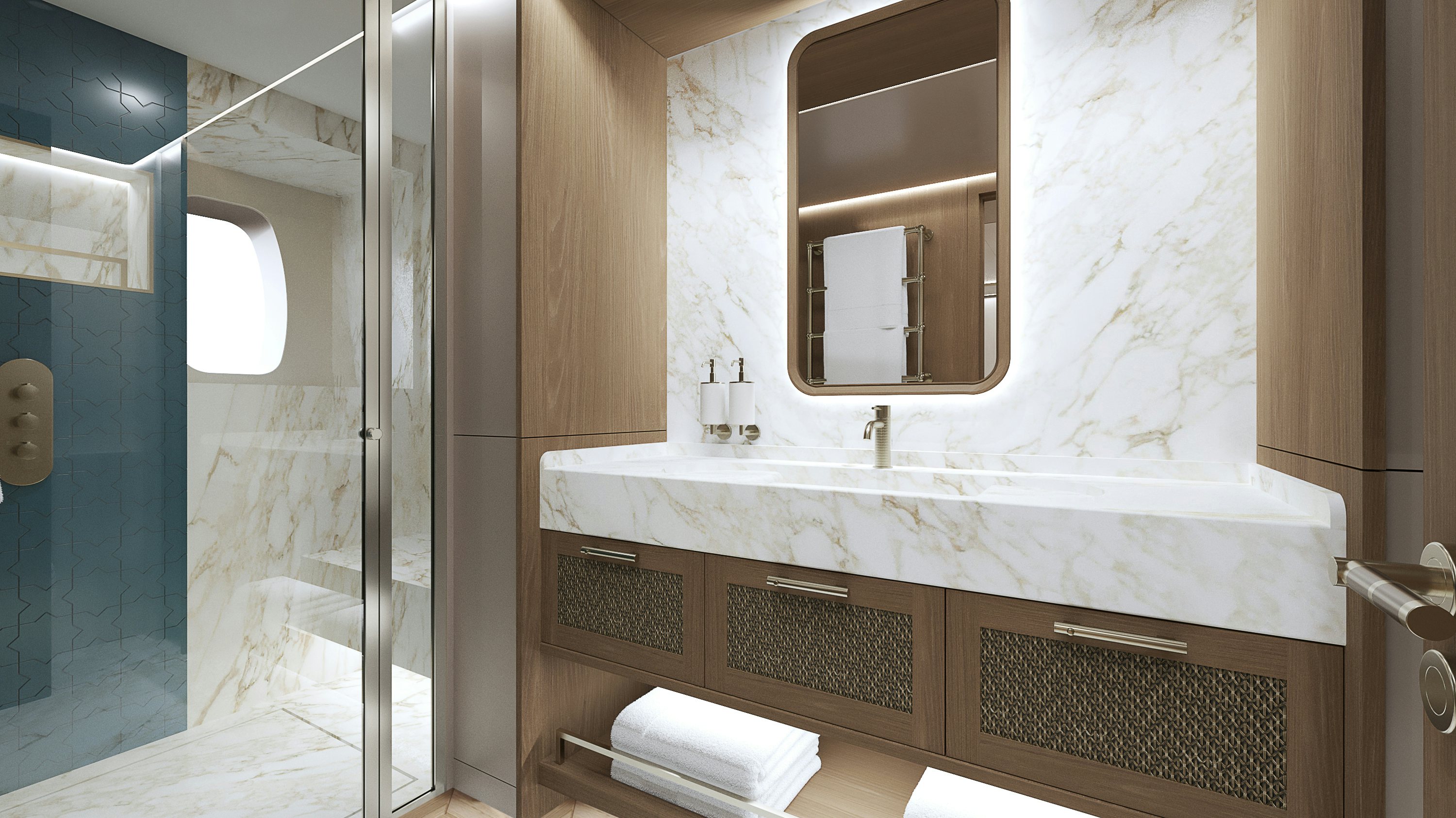 a bathroom with a glass shower aboard SIMENA Yacht for Sale