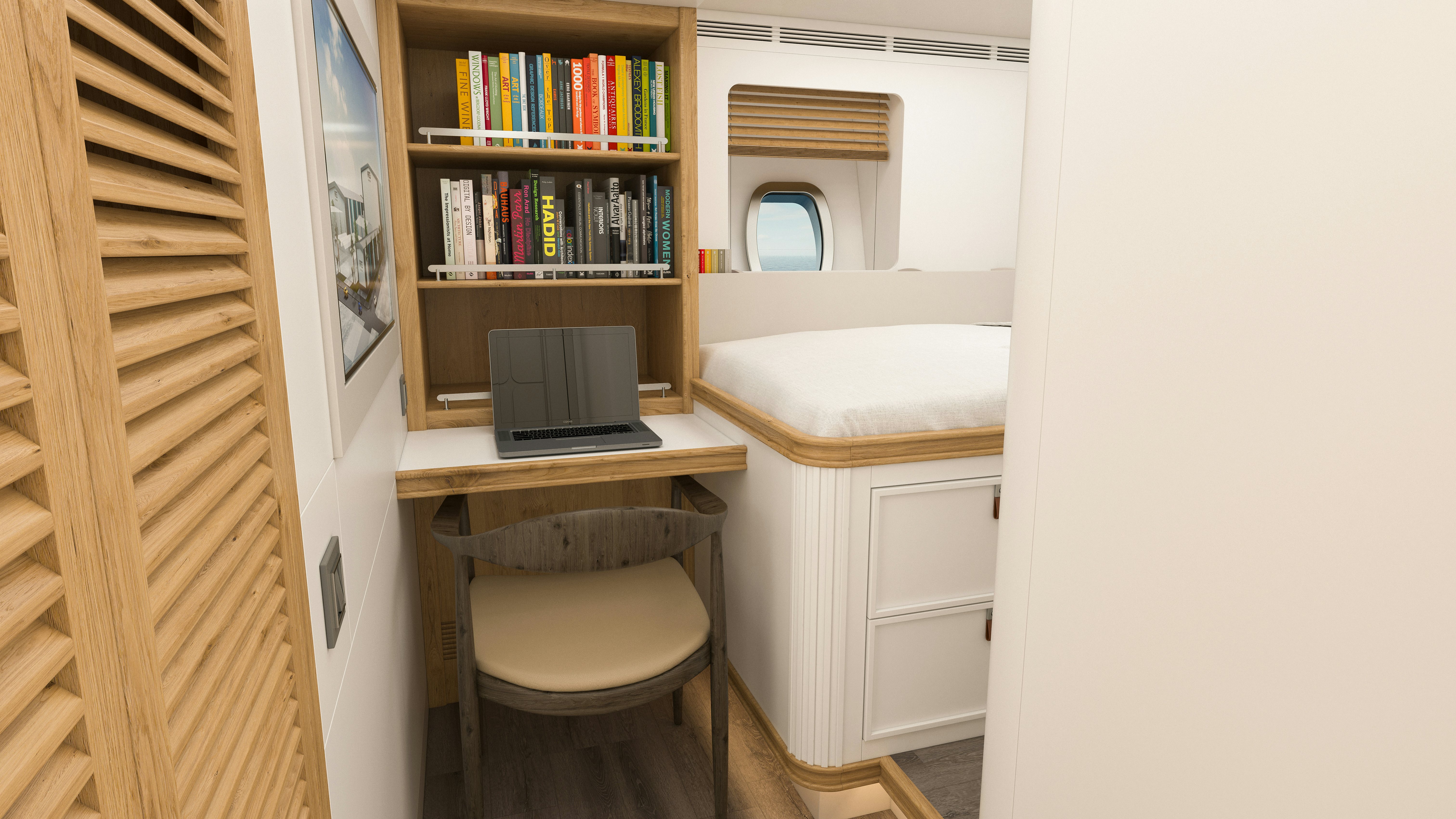 a room with a desk and a laptop aboard SIMENA Yacht for Sale