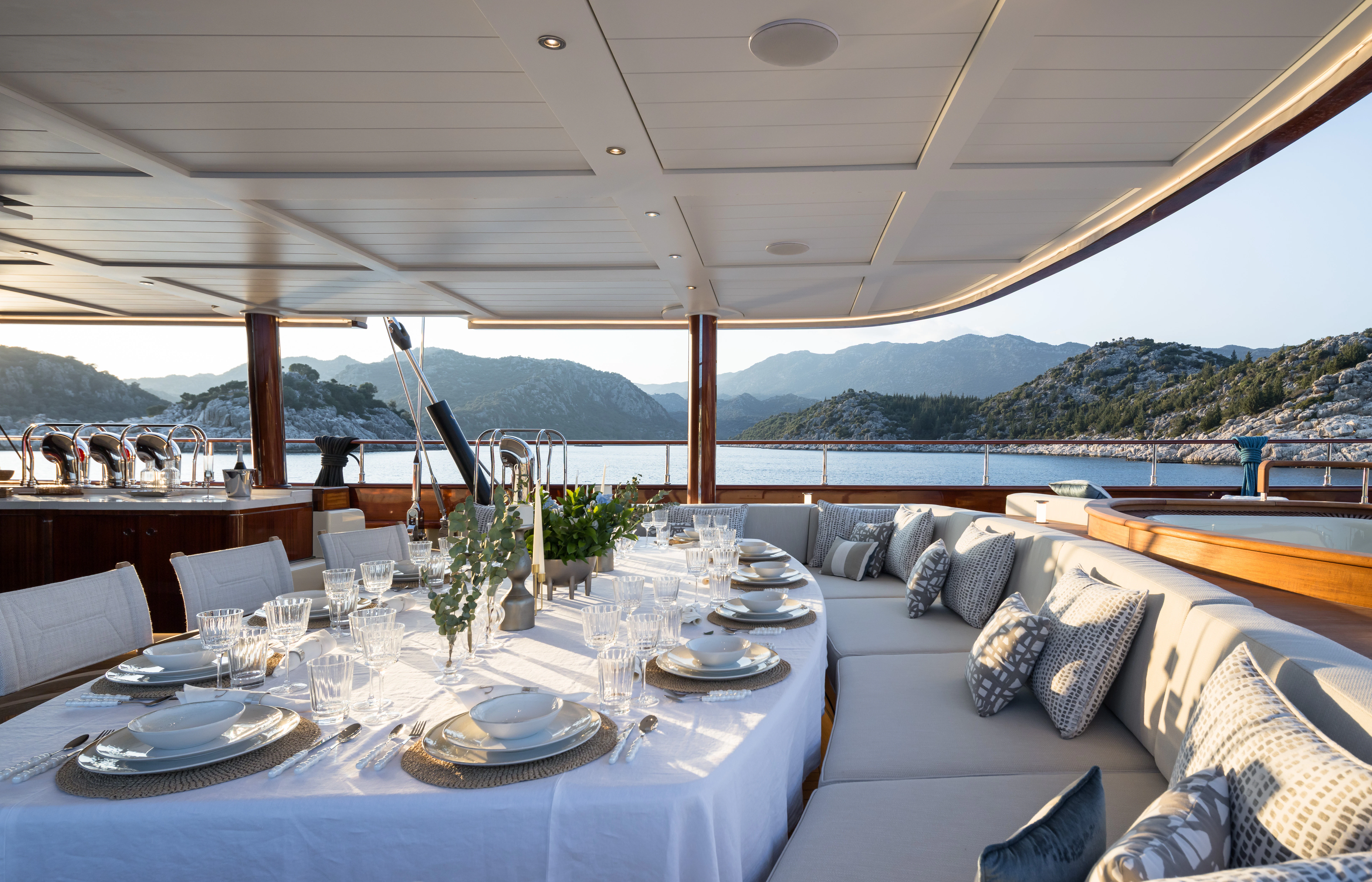 a table set for a dinner aboard SIMENA Yacht for Sale