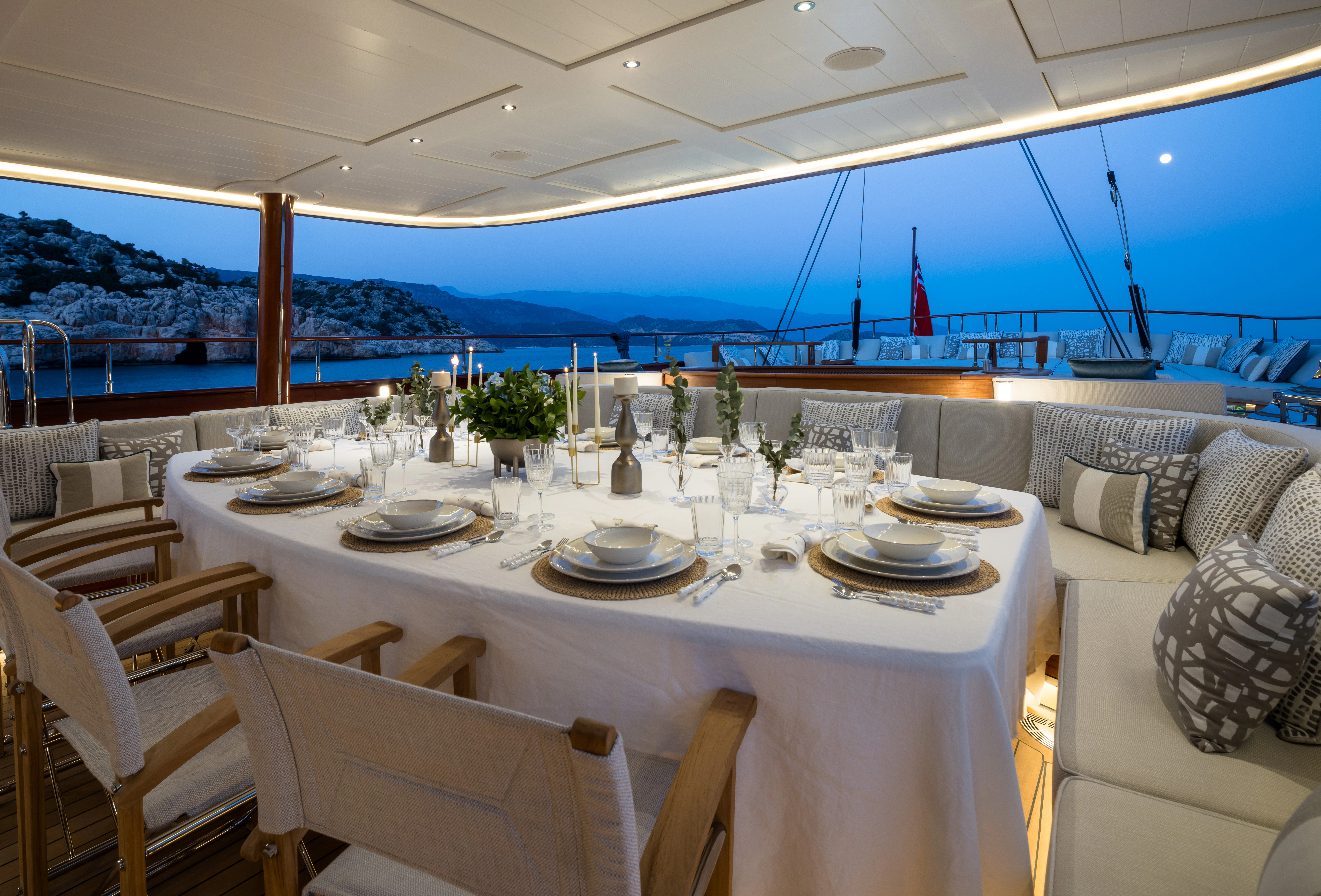 a table set for a dinner aboard SIMENA Yacht for Sale
