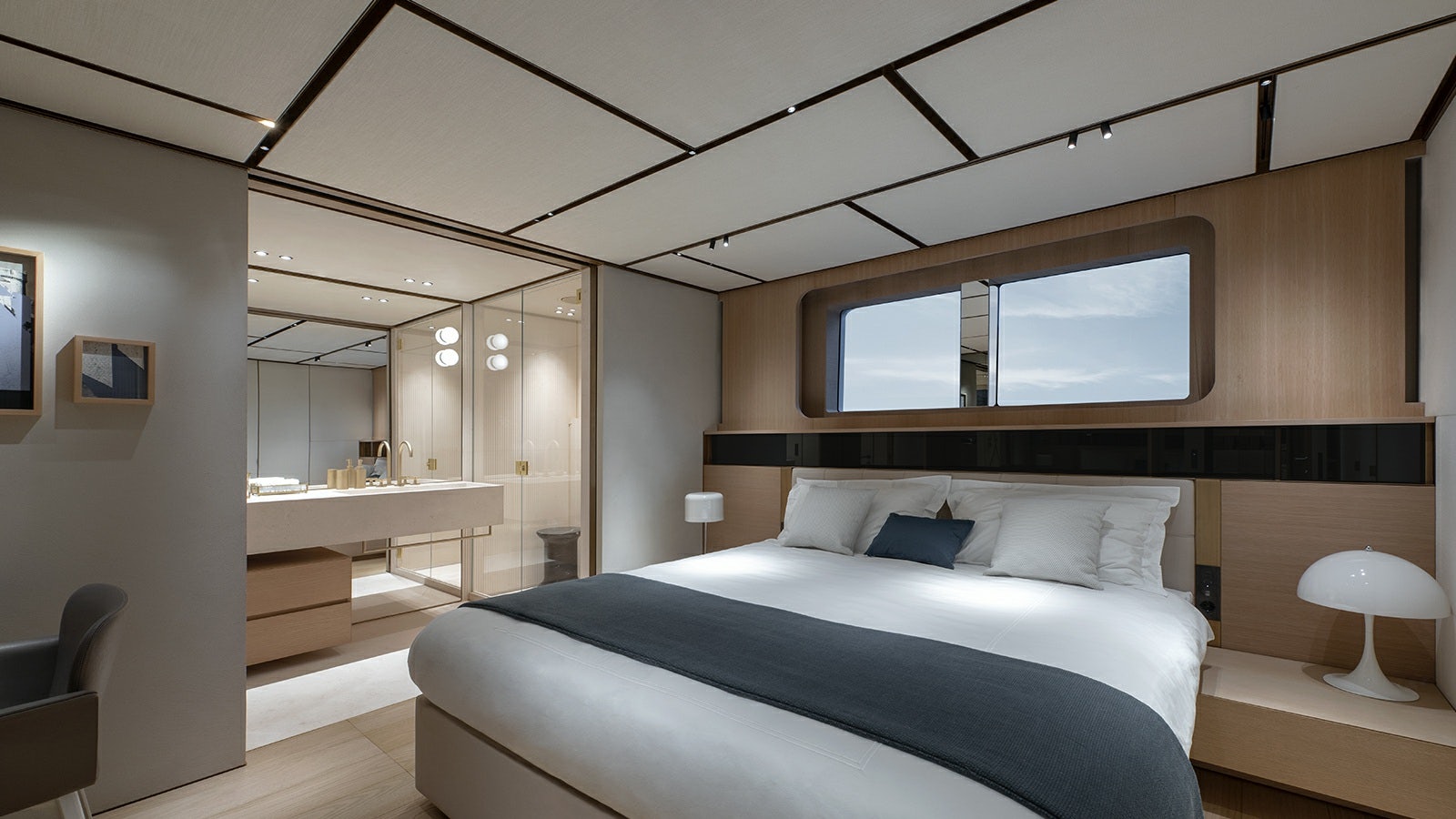 a bed in a room aboard LA LA LAND Yacht for Charter