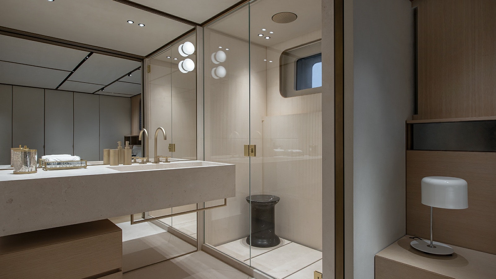 a bathroom with a glass shower aboard LA LA LAND Yacht for Charter
