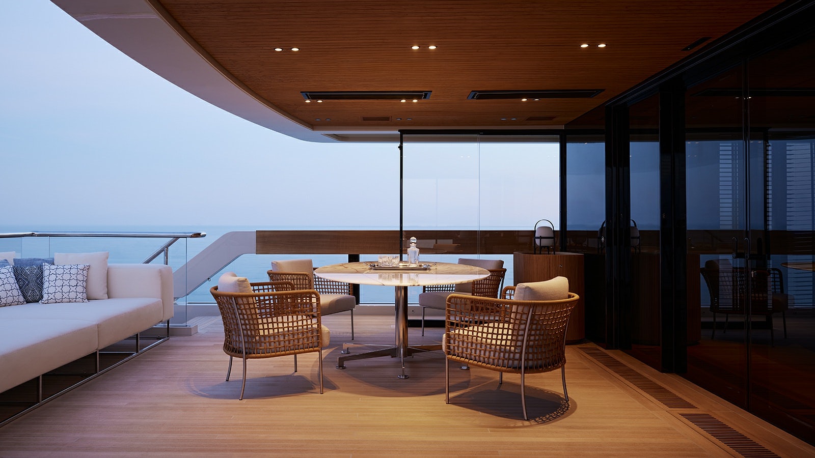 a room with a table and chairs aboard LA LA LAND Yacht for Charter