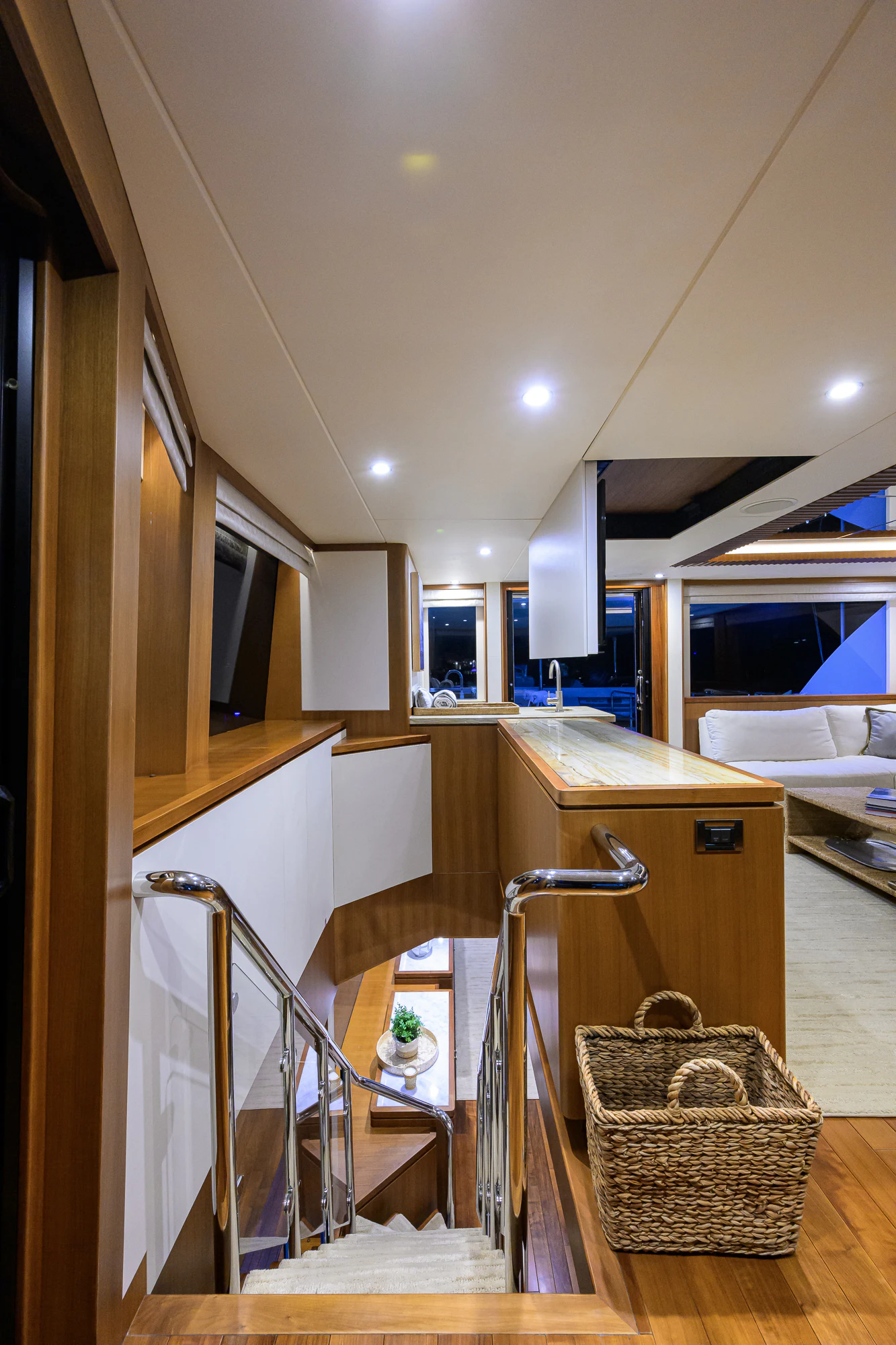 a bathroom with a basket aboard CHINDON Yacht for Sale