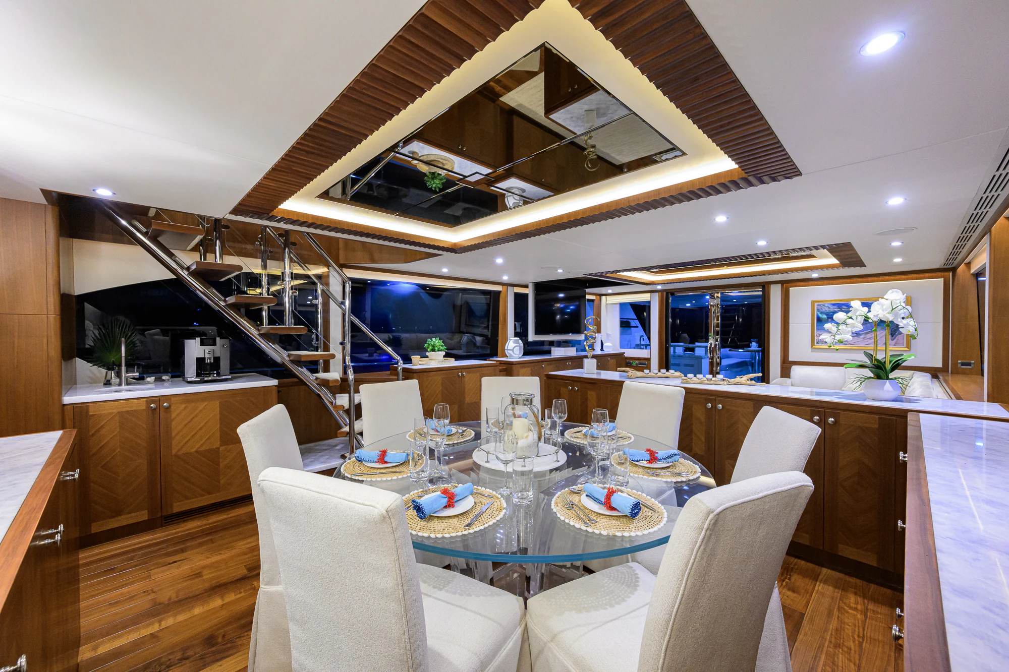 a dining room with a large open roof aboard CHINDON Yacht for Sale