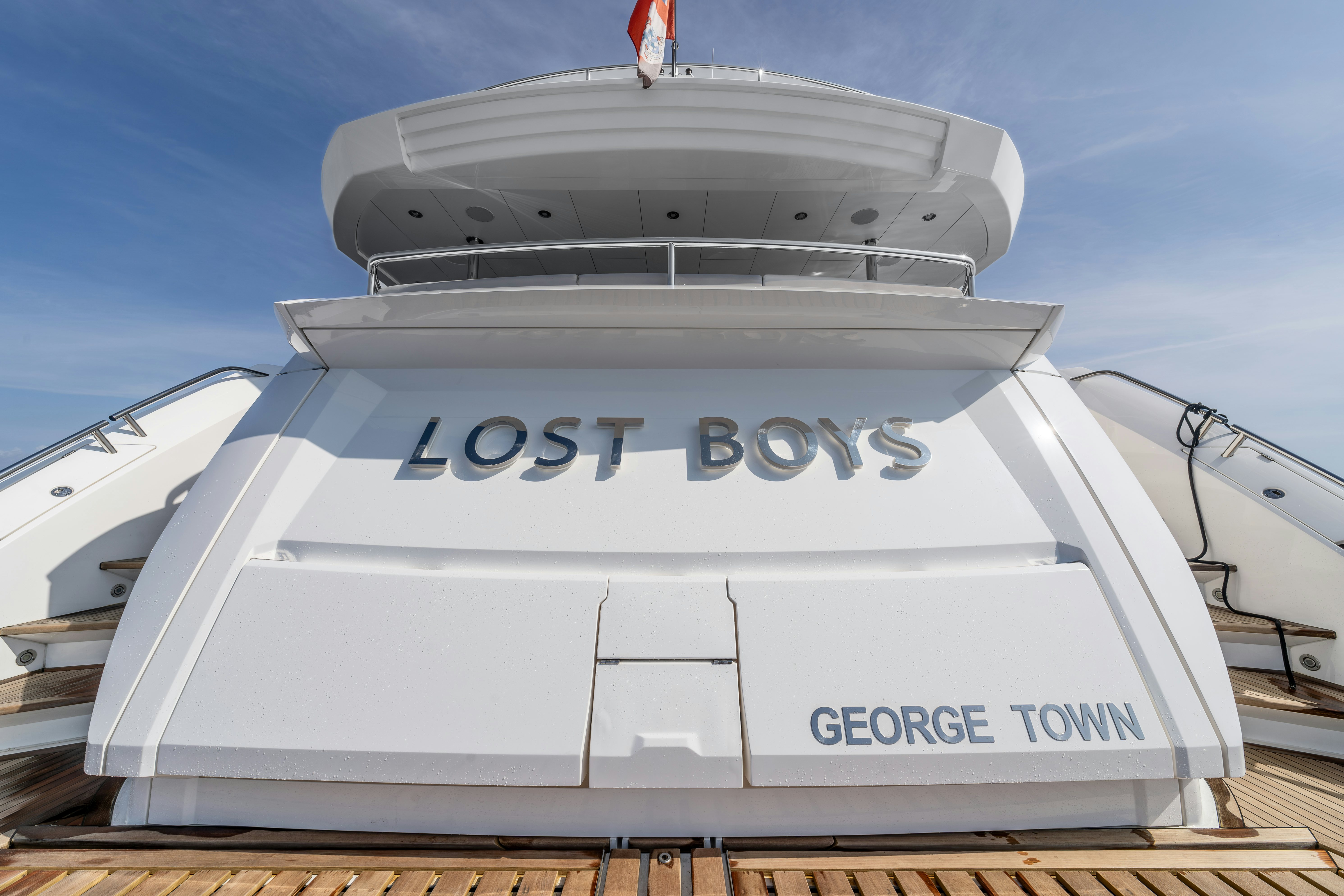 the front of a white boat aboard LOST BOYS Yacht for Sale
