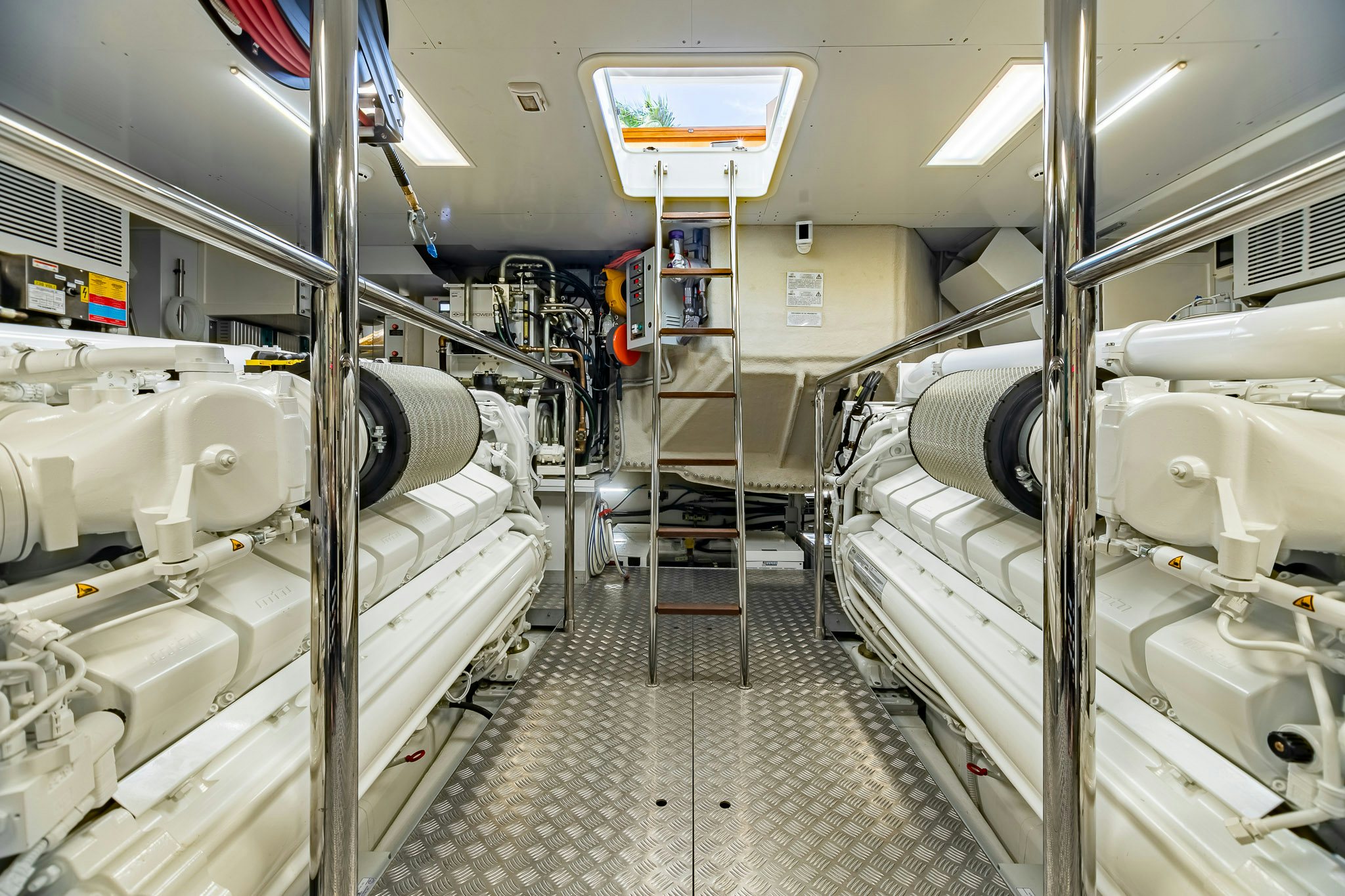 a room with white pipes aboard AURORA Yacht for Sale
