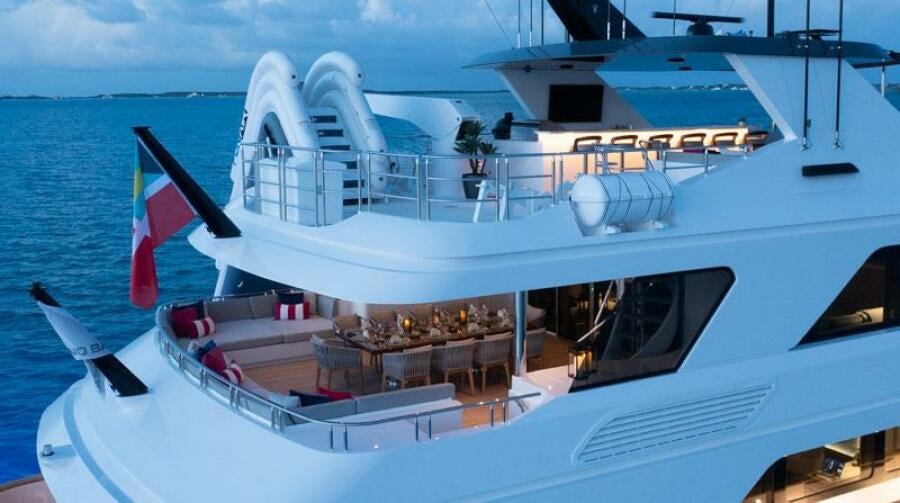 a large white boat with flags on it aboard NO BAD IDEAS Yacht for Sale