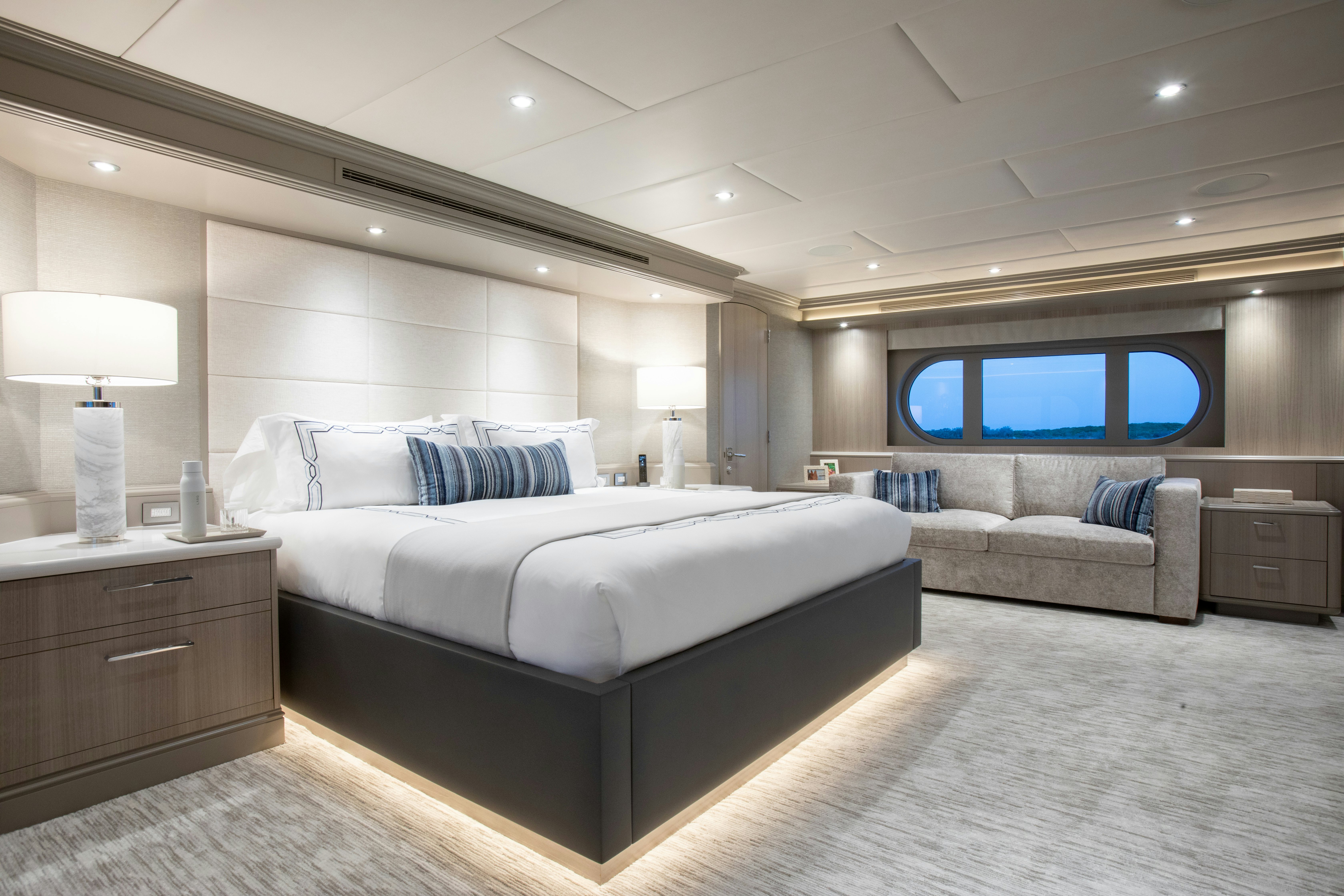 a large bed in a room aboard NO BAD IDEAS Yacht for Sale