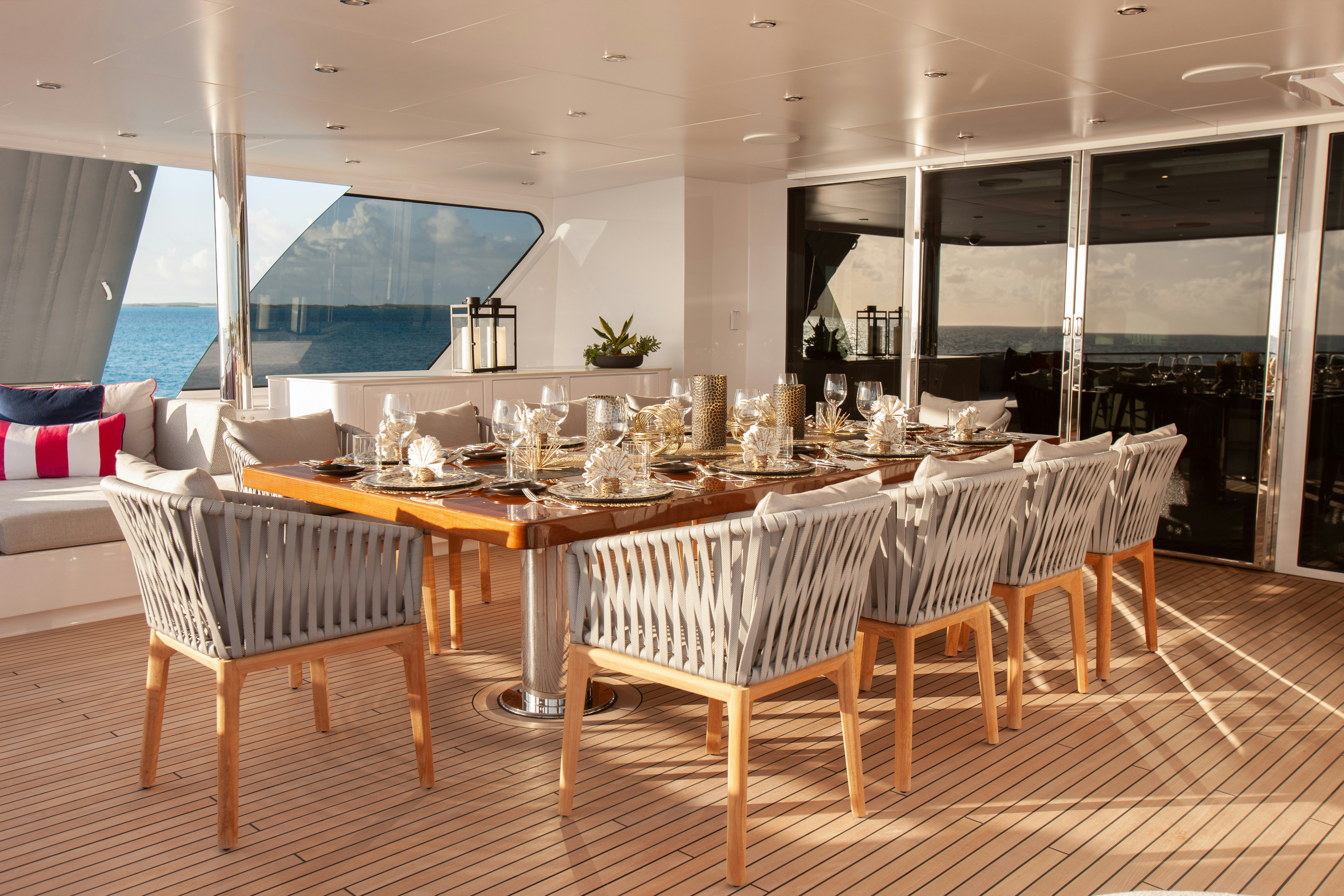 a large kitchen with a large table aboard NO BAD IDEAS Yacht for Sale
