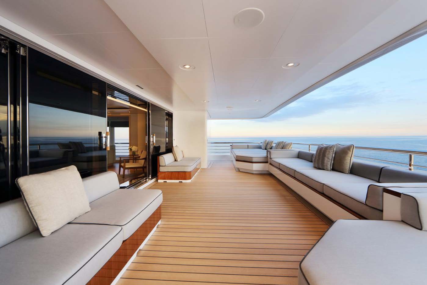 a living room with a large window aboard PLANET NINE Yacht for Sale