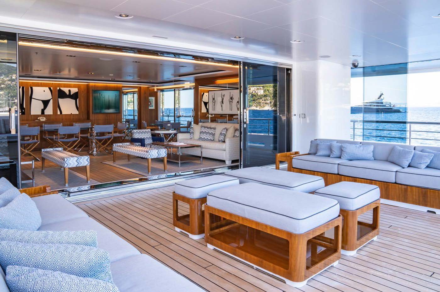 a living room with a large open floor plan aboard PLANET NINE Yacht for Sale