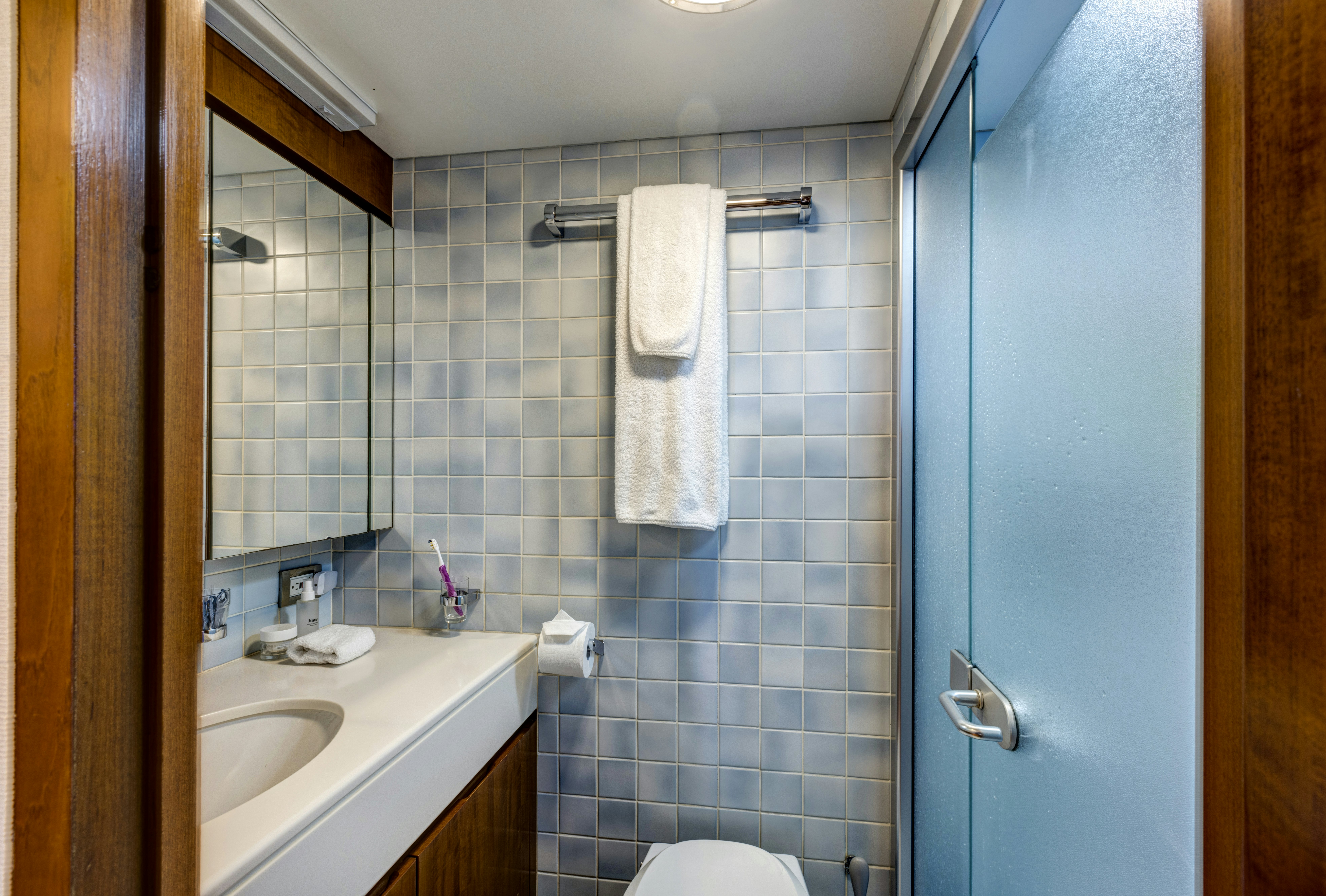 a bathroom with a blue door aboard TRUE NORTH Yacht for Sale