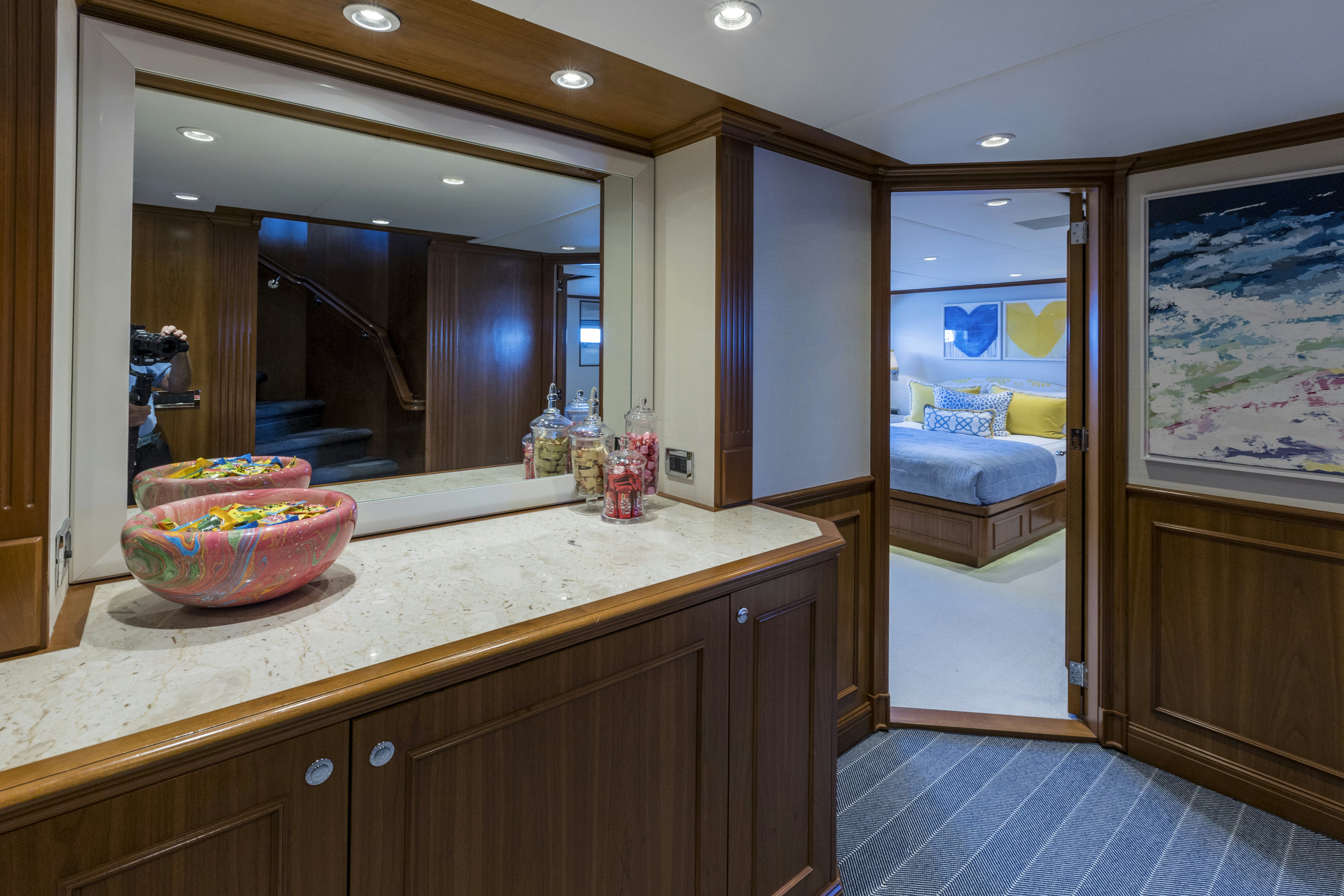 a kitchen with a large mirror aboard TRUE NORTH Yacht for Sale