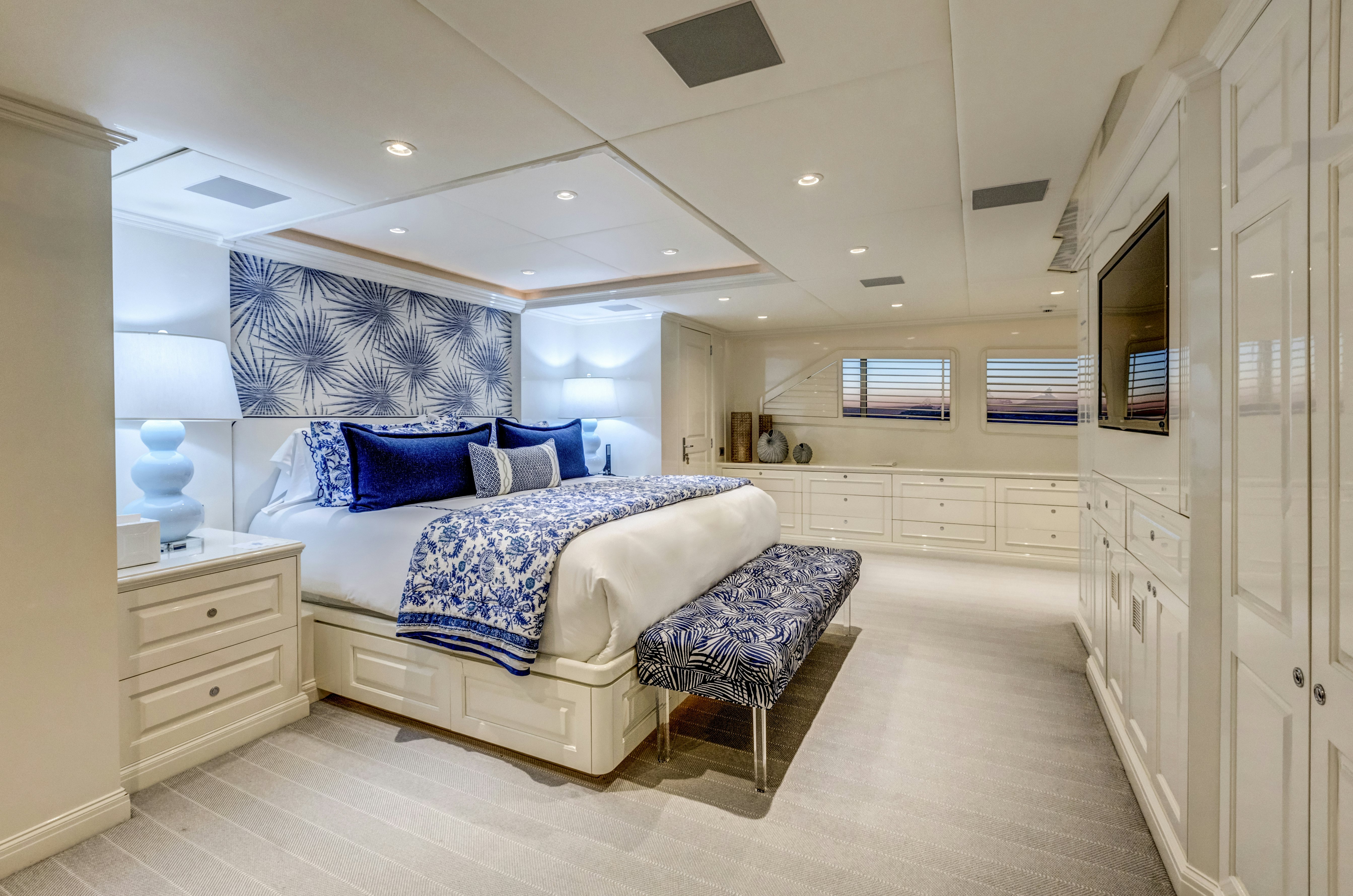 a large bedroom with a bed aboard TRUE NORTH Yacht for Sale