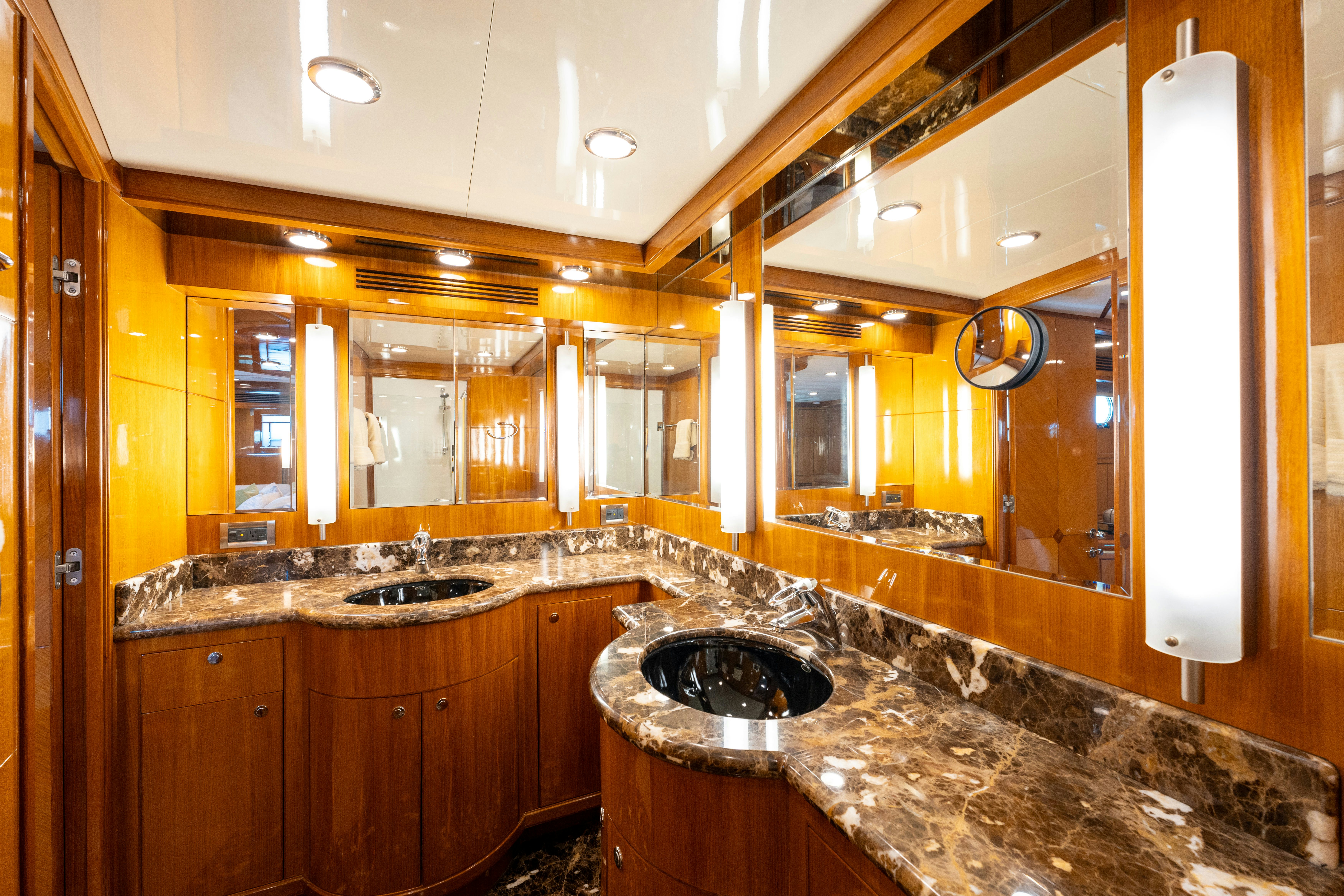 a bathroom with marble counter tops aboard MEMORY BANK Yacht for Sale