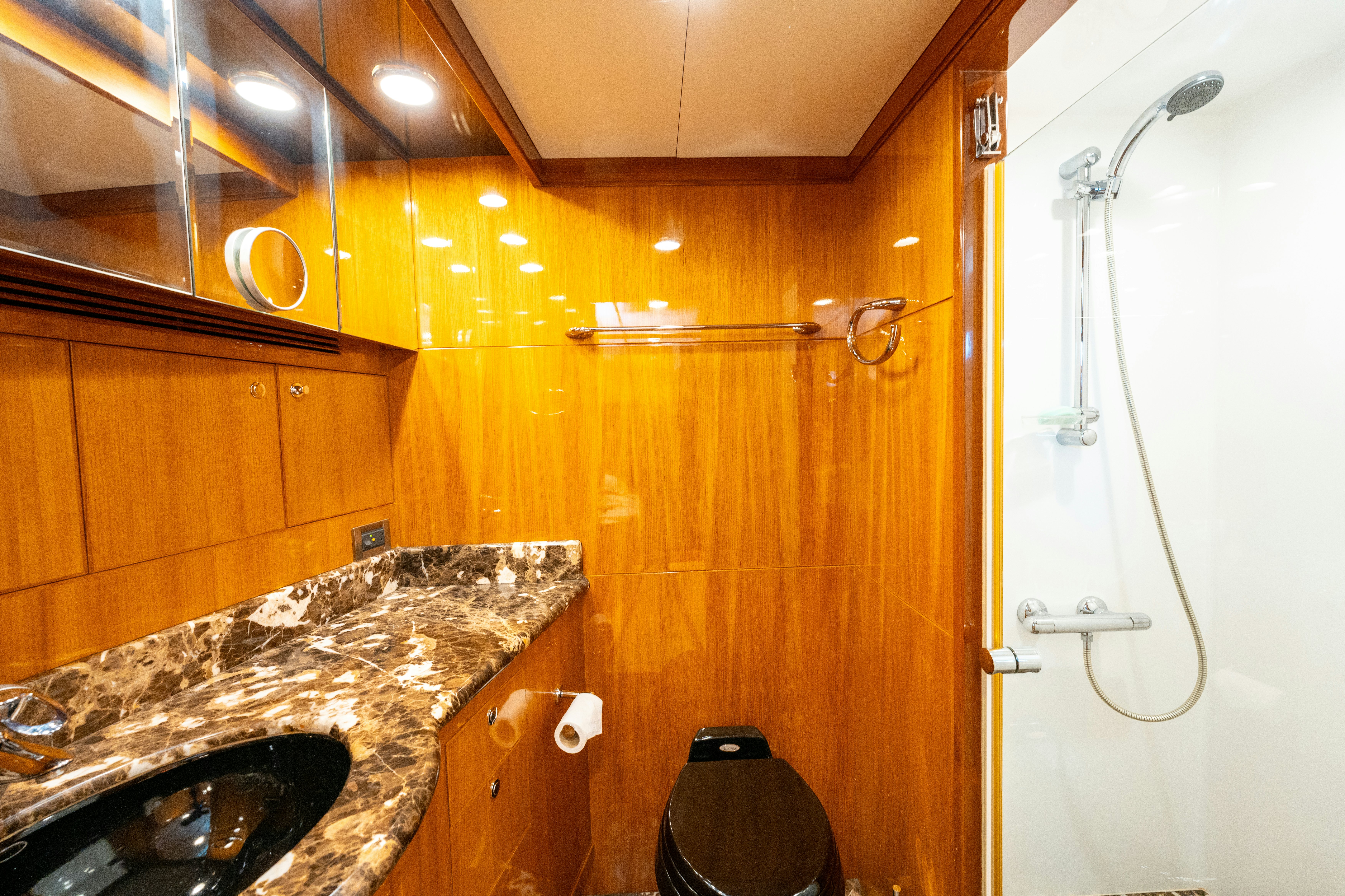 a bathroom with a sink and a shower aboard MEMORY BANK Yacht for Sale