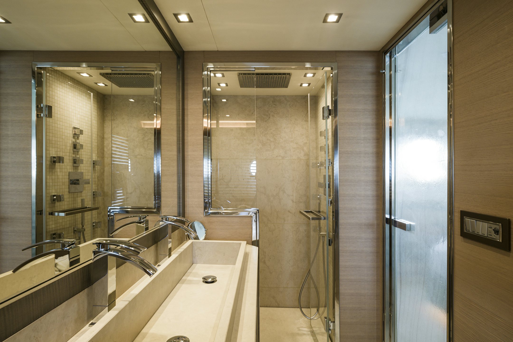 a bathroom with a sink and a shower aboard CRAZY DIAMOND Yacht for Sale