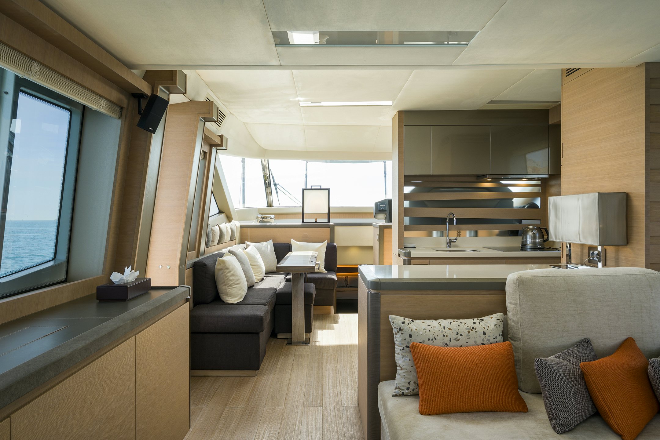 a living room with a large window aboard CRAZY DIAMOND Yacht for Sale
