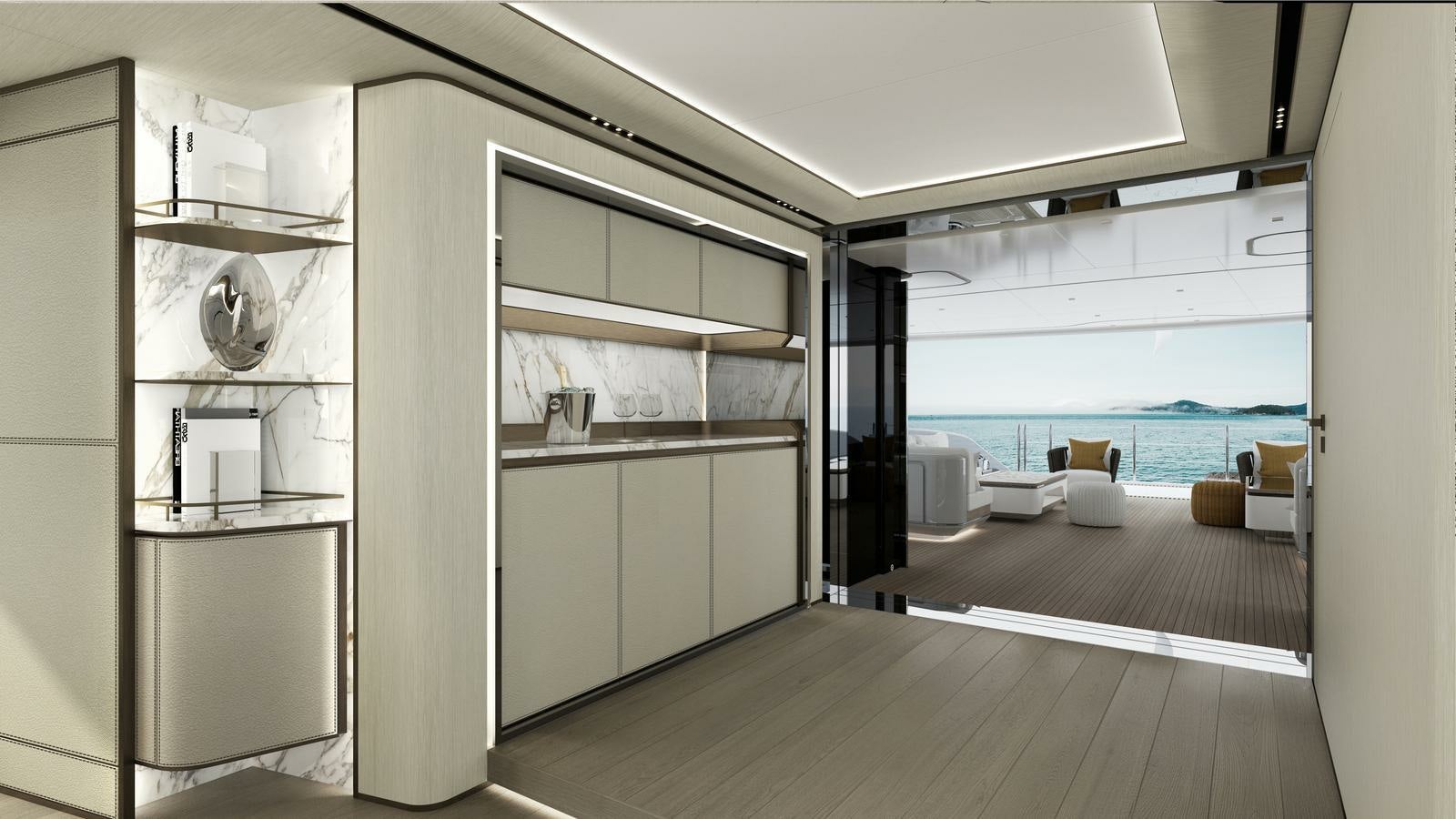 a room with a large open door aboard AKULA Yacht for Charter