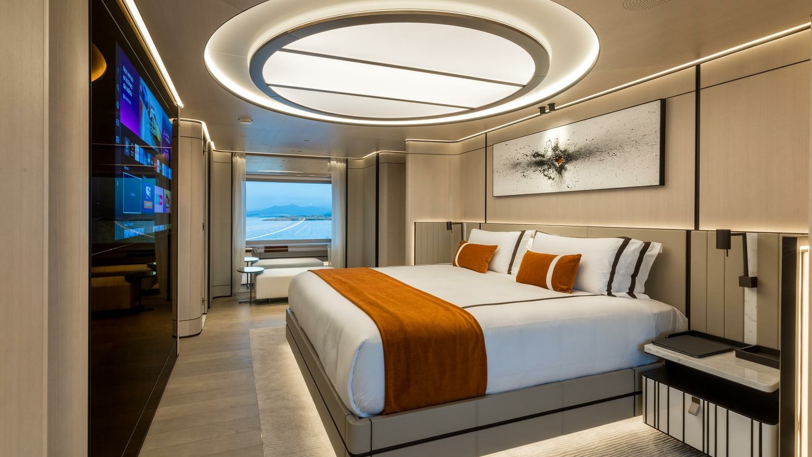 a bed in a room aboard AKULA Yacht for Charter