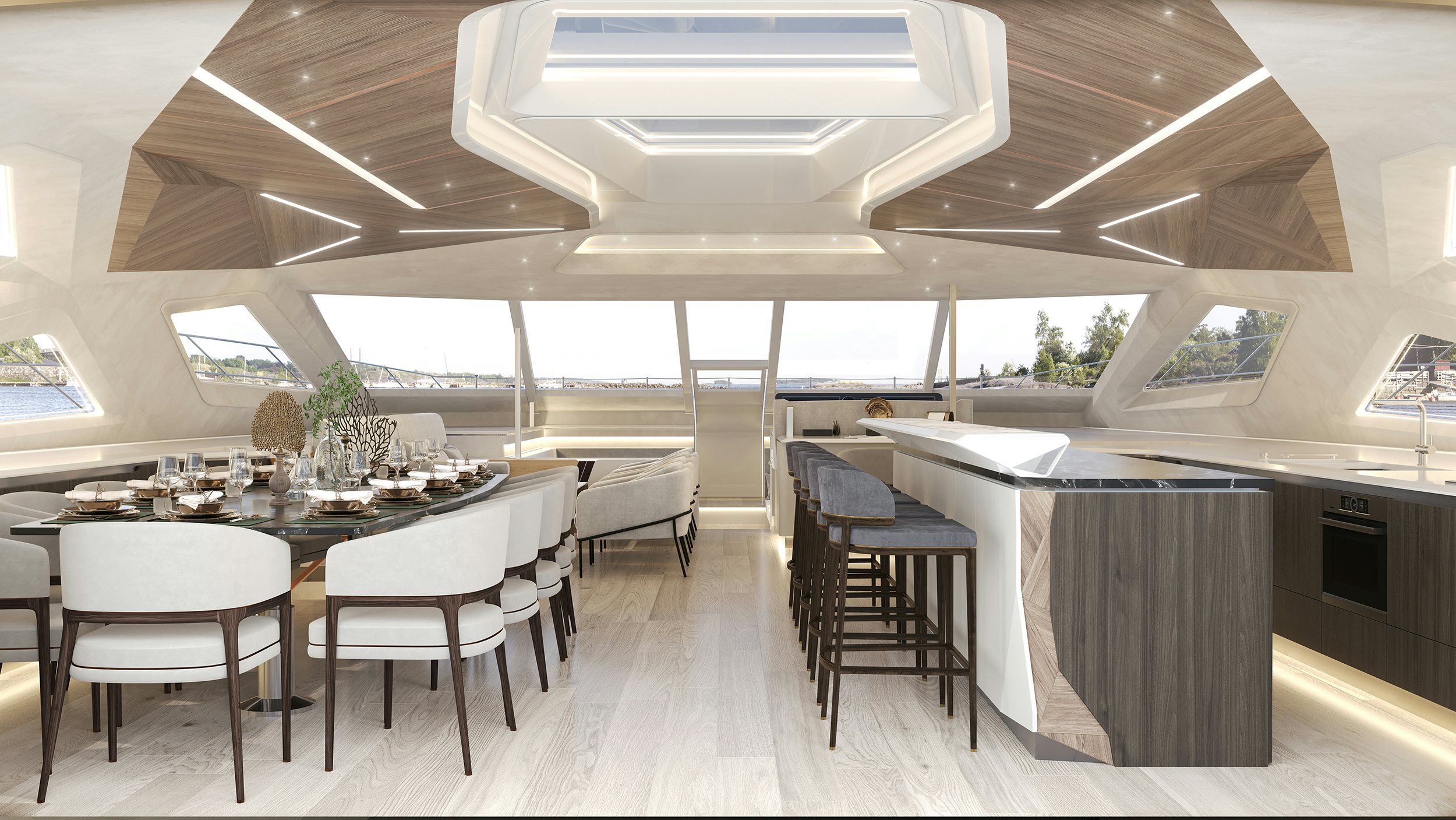 a room with tables and chairs aboard LANIAKEA Yacht for Sale