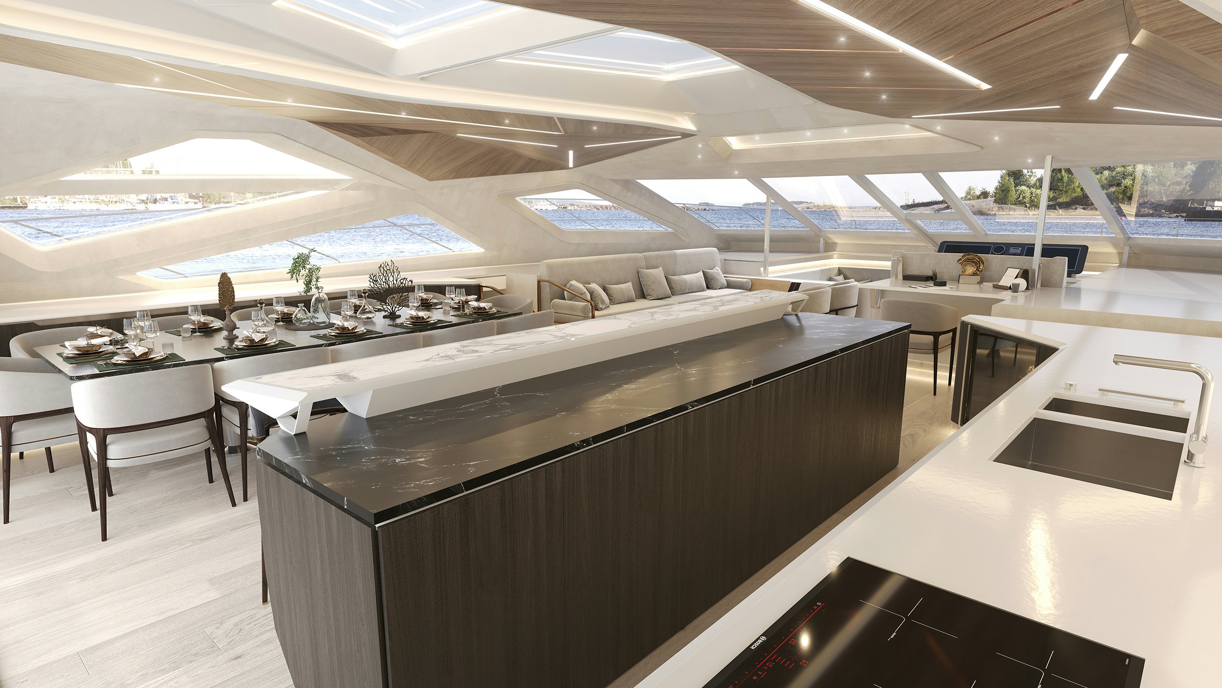 a large room with tables and chairs aboard LANIAKEA Yacht for Sale