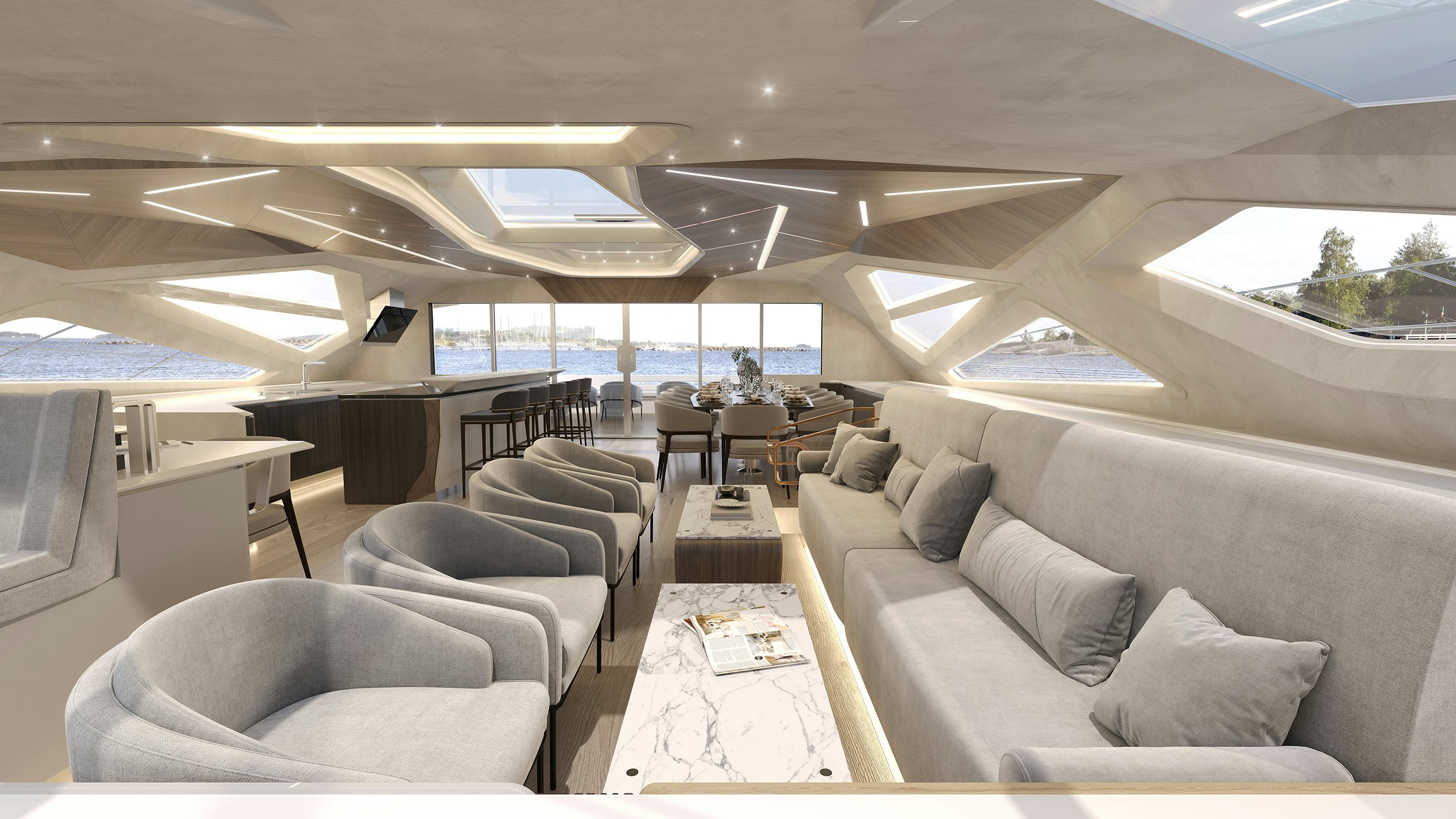 a living room with a couch and a table aboard LANIAKEA Yacht for Sale