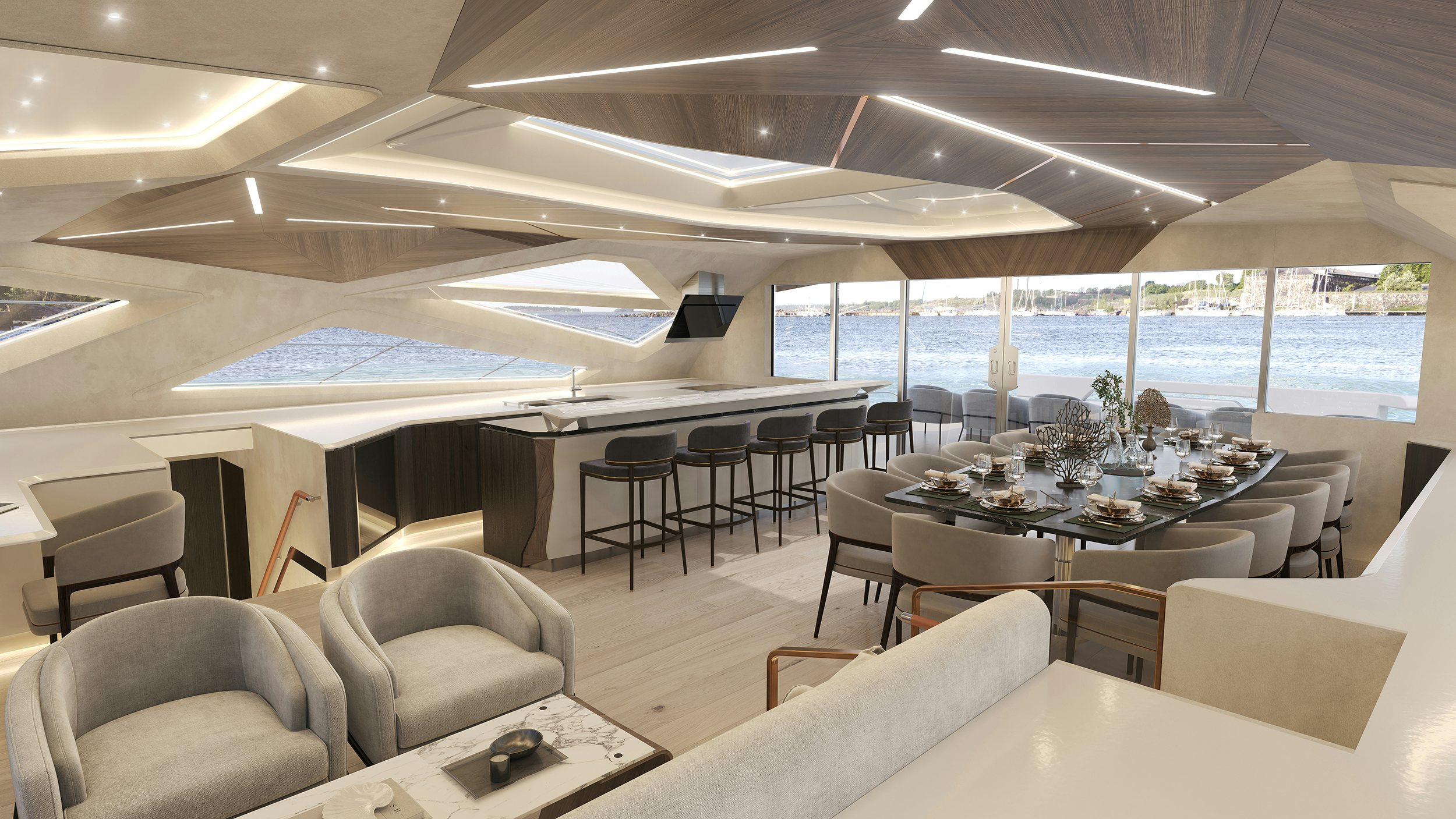 a room with tables and chairs aboard LANIAKEA Yacht for Sale