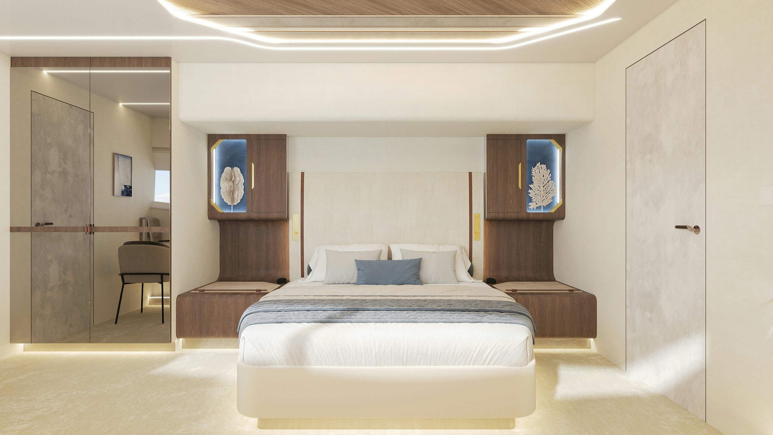 a large bedroom with a large bed aboard LANIAKEA Yacht for Sale