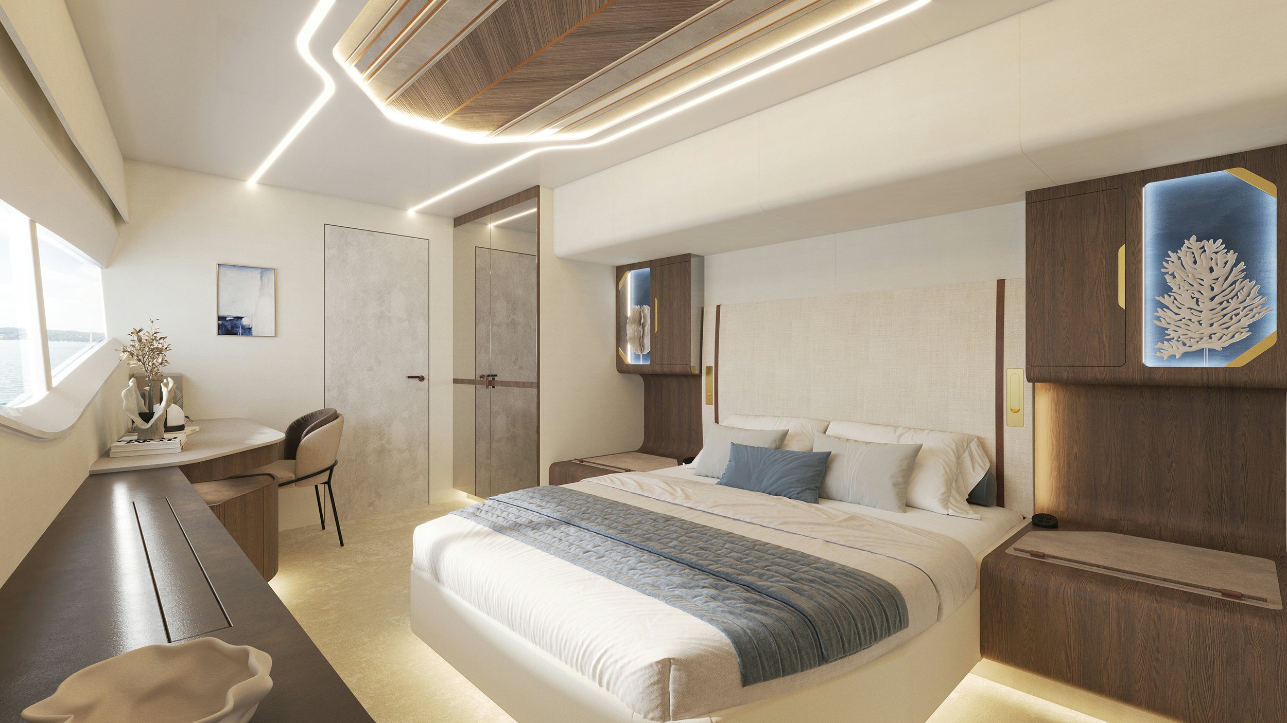 a bedroom with a bed and a desk aboard LANIAKEA Yacht for Sale