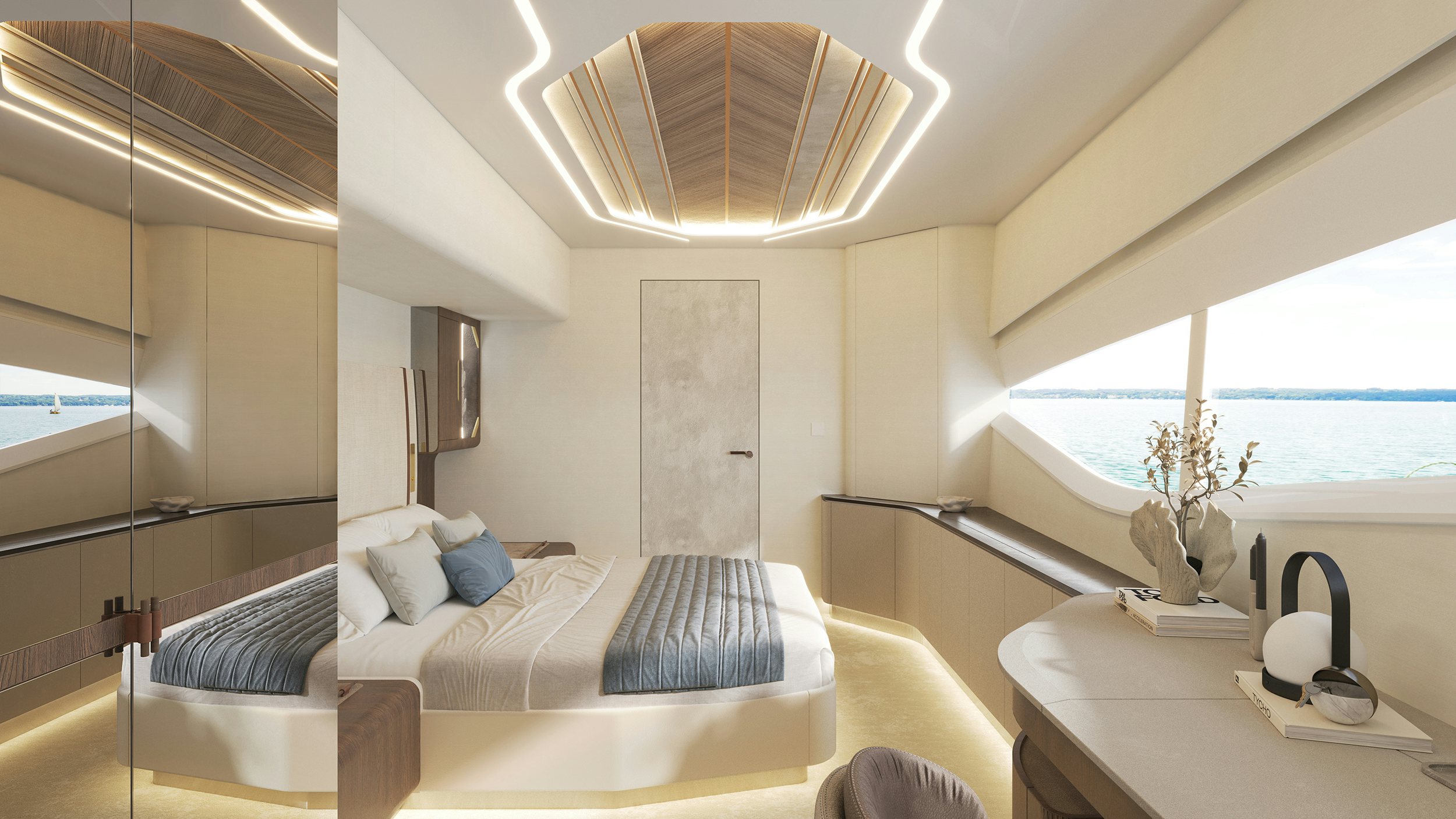 a room with a bed and a table aboard LANIAKEA Yacht for Sale