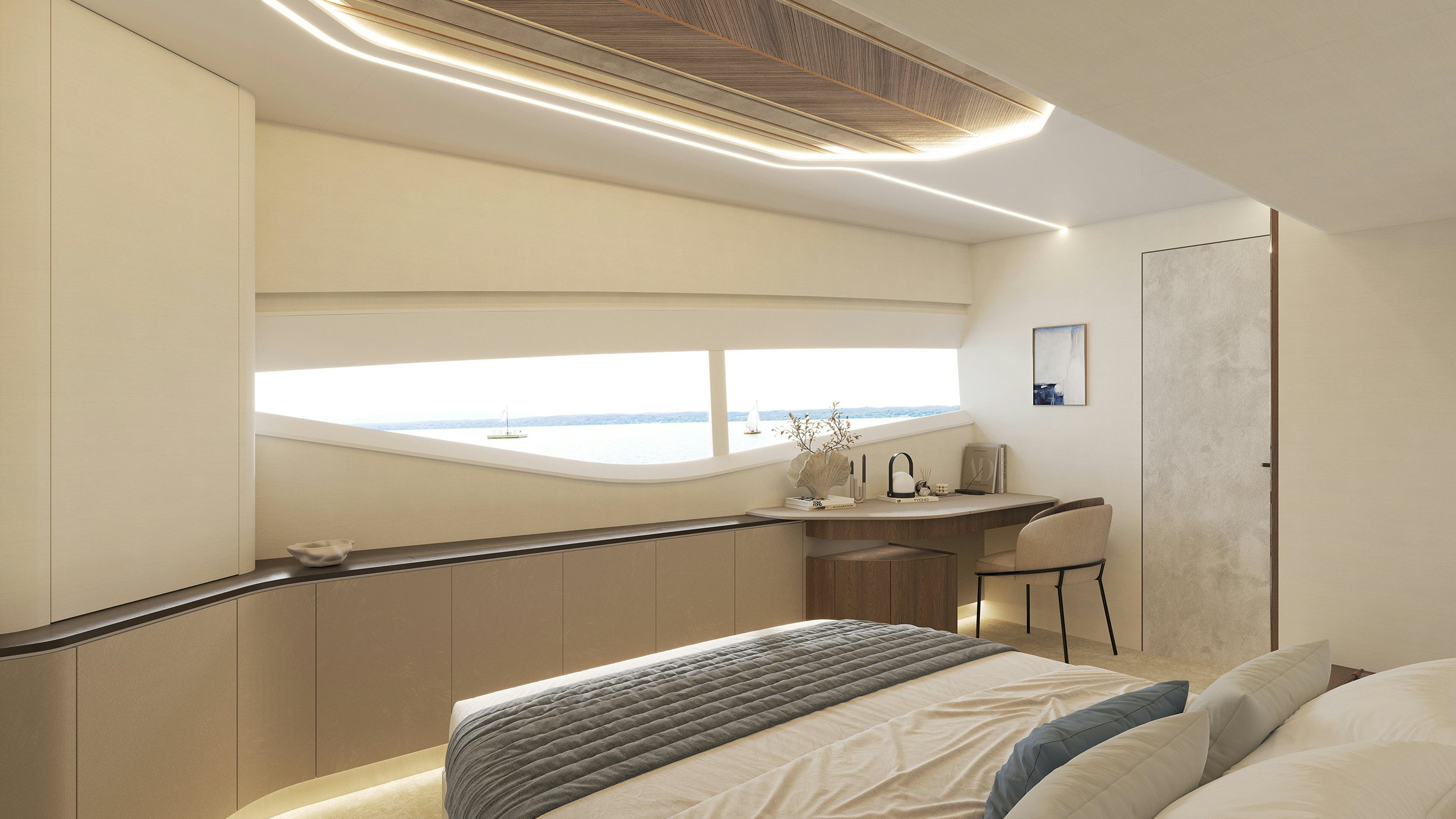 a bed in a room aboard LANIAKEA Yacht for Sale