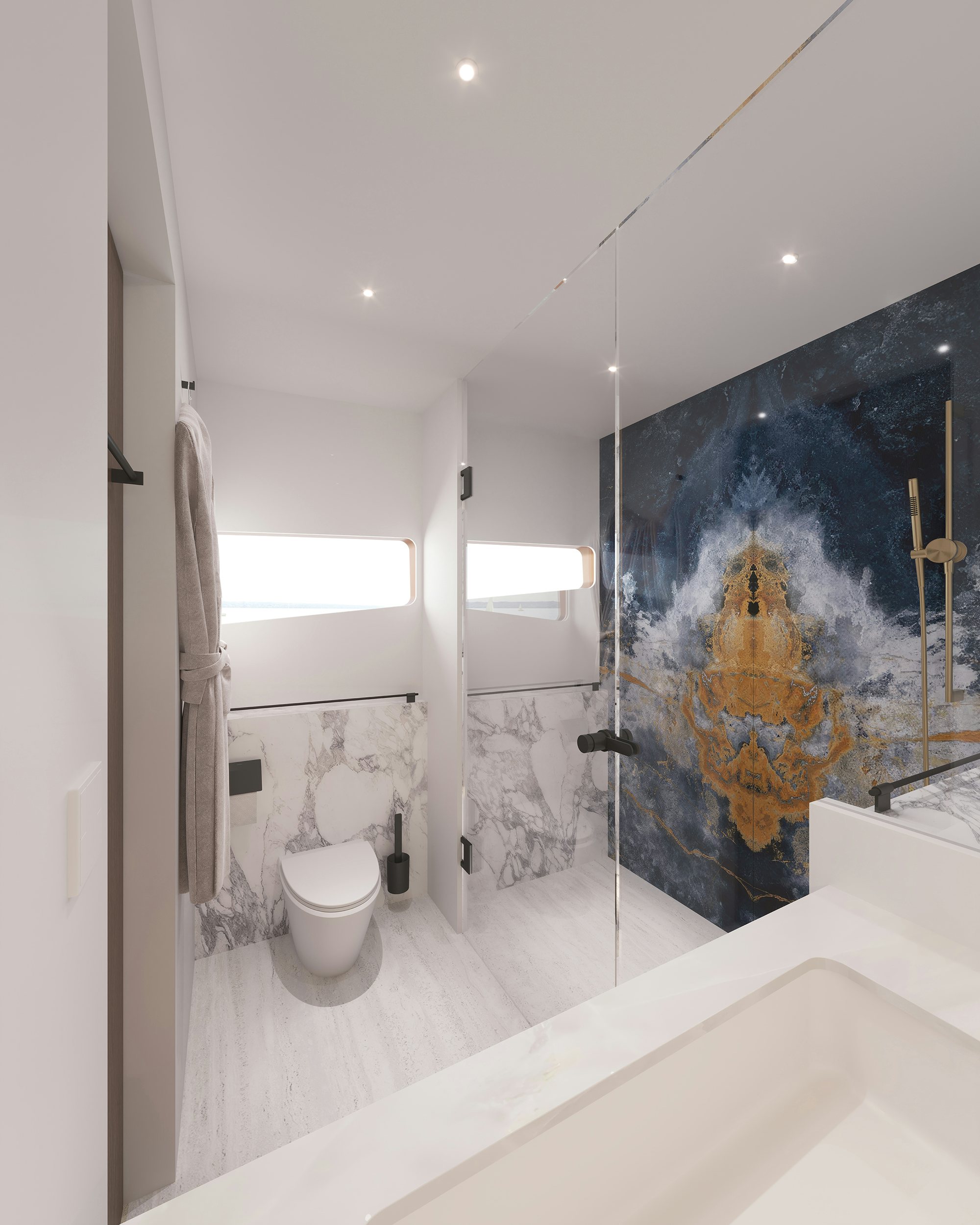 a bathroom with a large mural aboard LANIAKEA Yacht for Sale