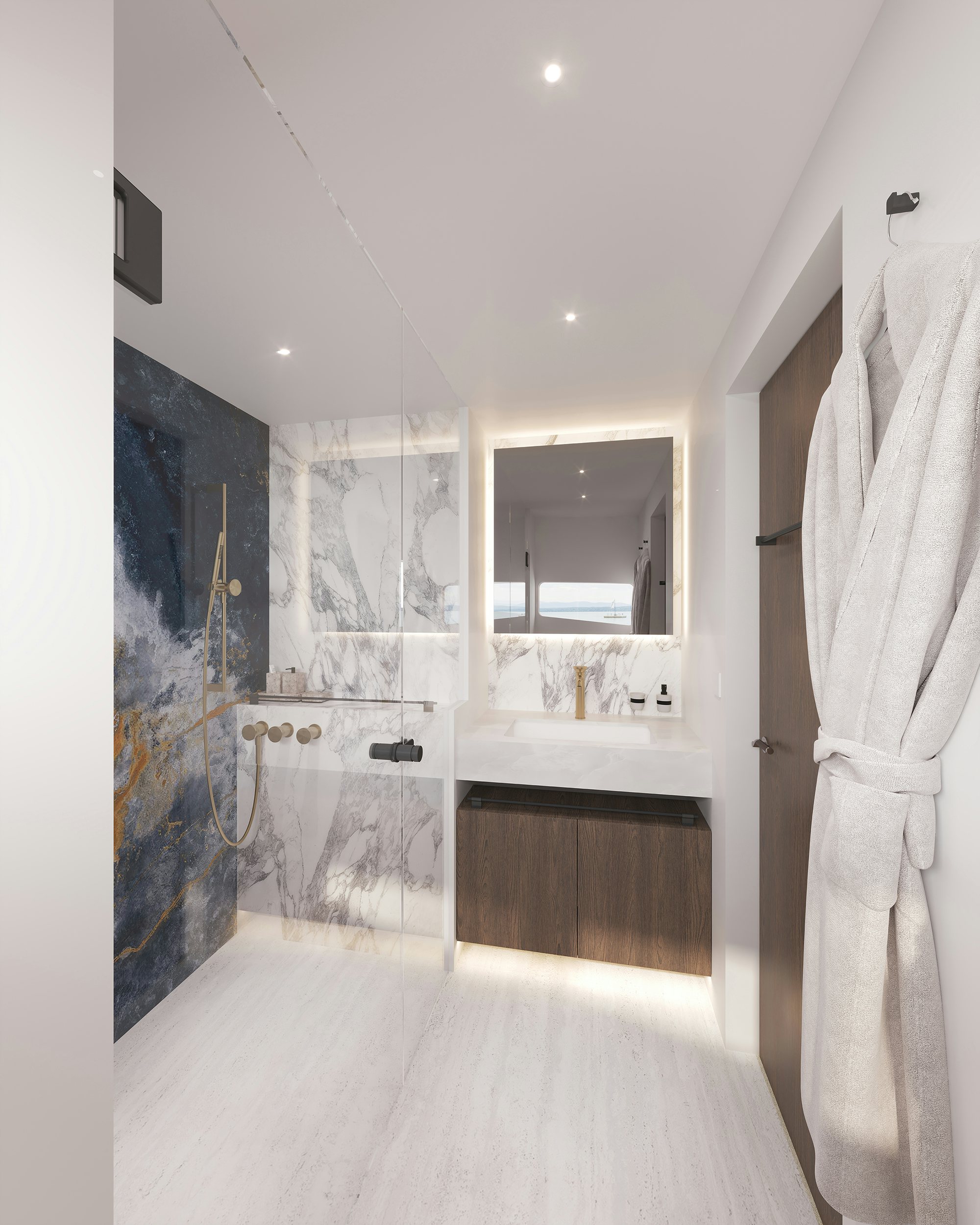 a bathroom with a marble shower curtain aboard LANIAKEA Yacht for Sale
