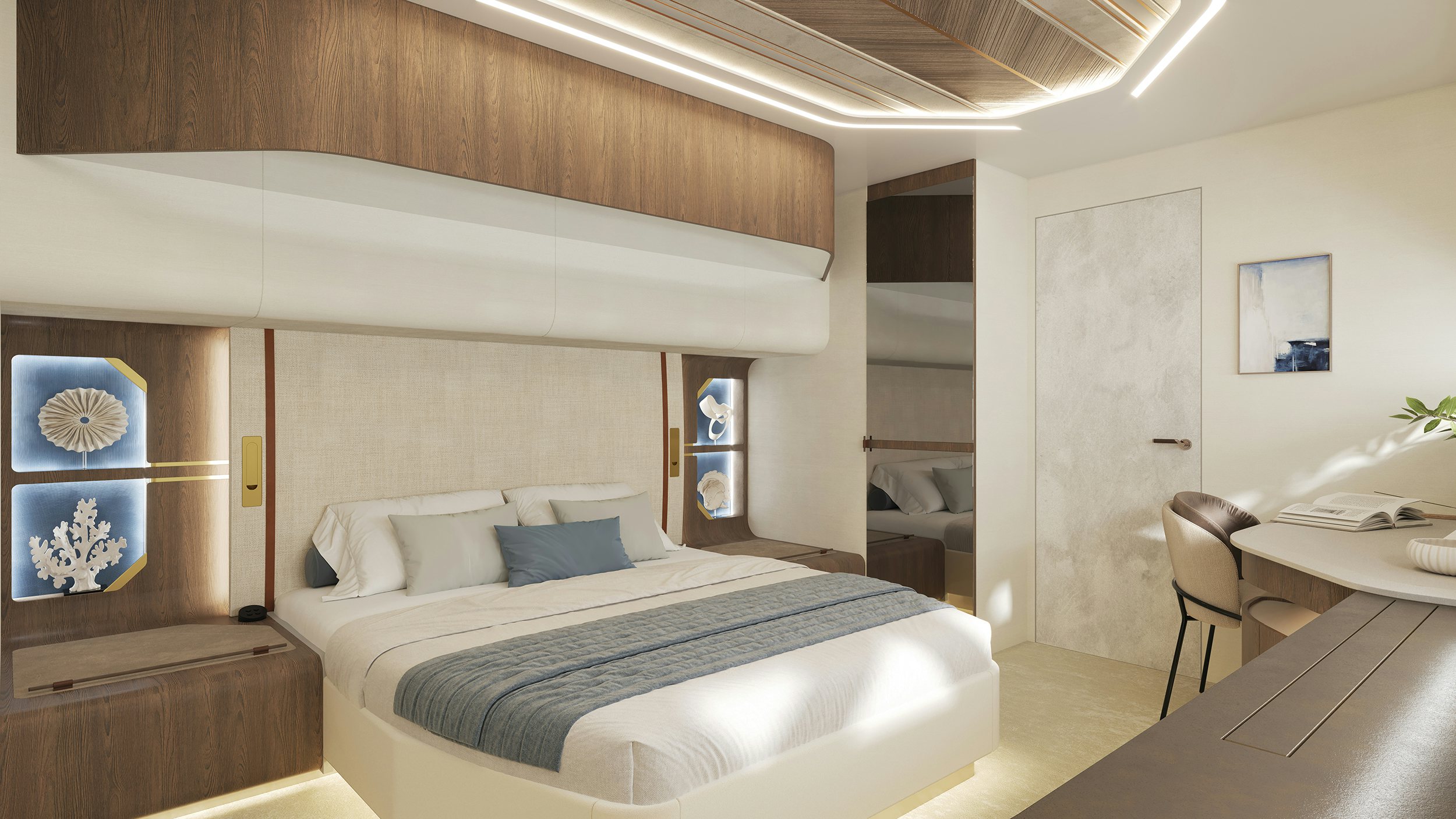 a room with a bed and desk aboard LANIAKEA Yacht for Sale