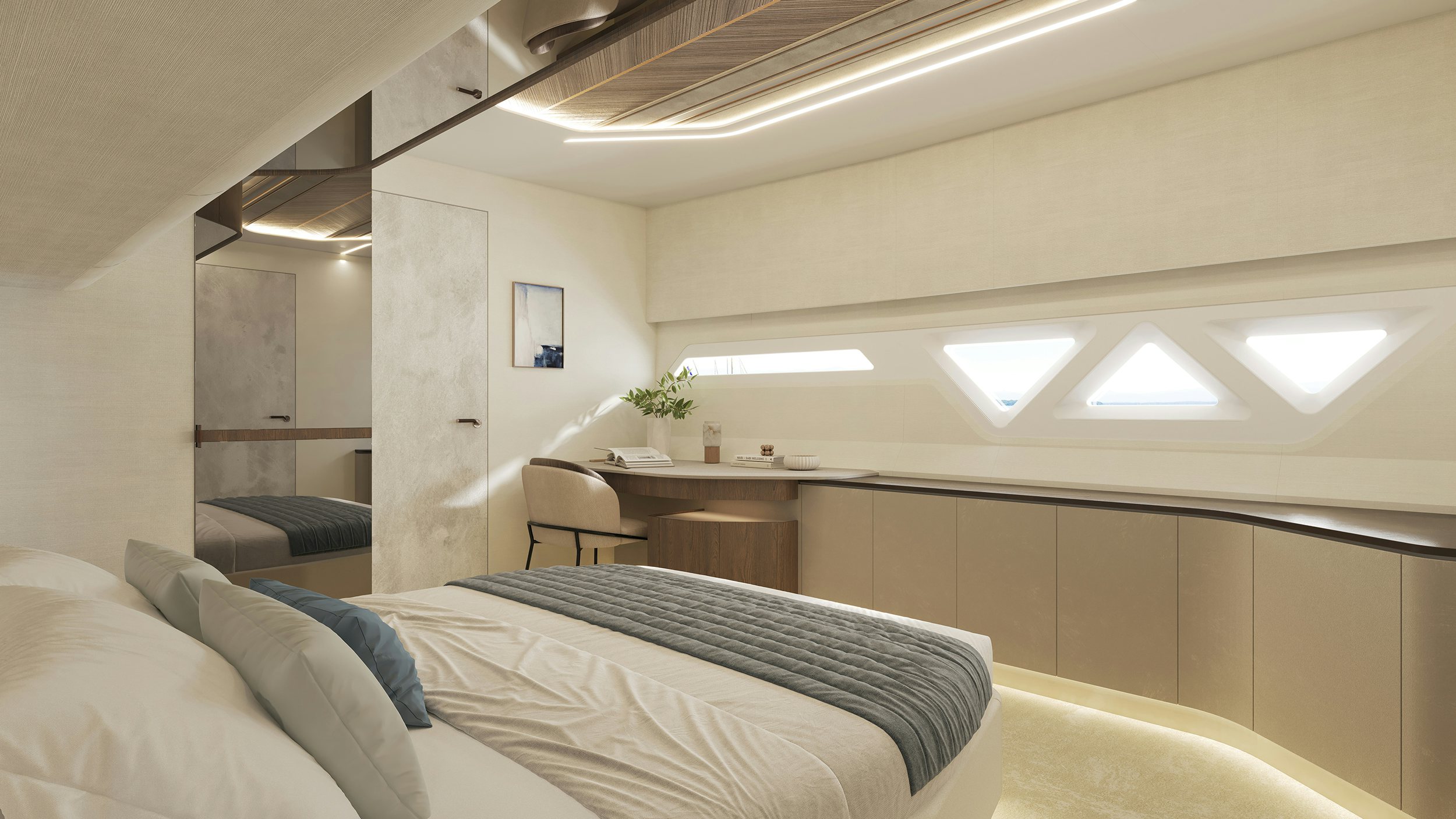 a room with a bed and a chair aboard LANIAKEA Yacht for Sale
