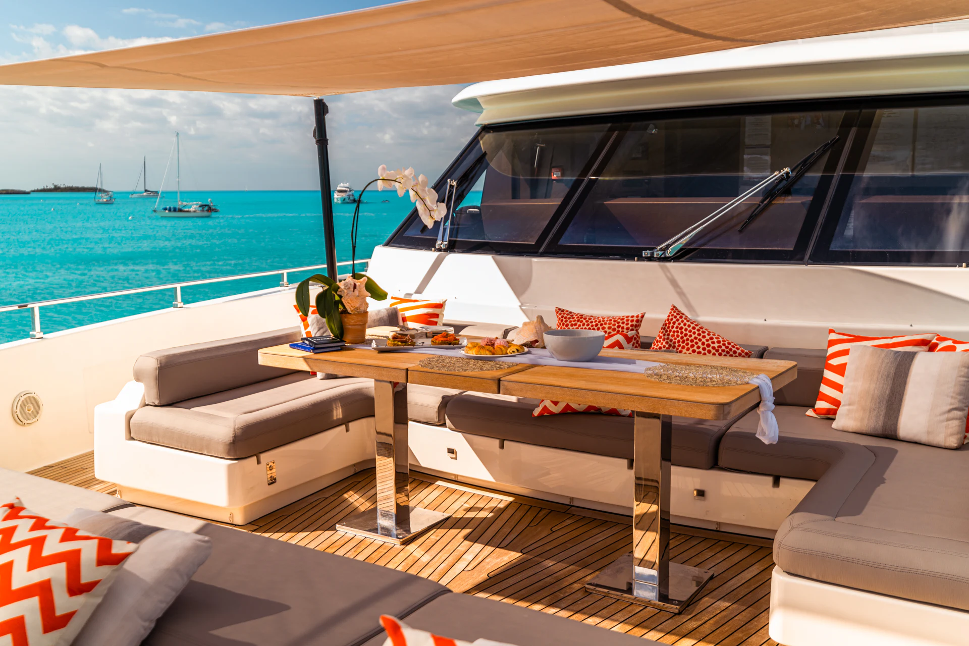 a table on a boat aboard FIFI Yacht for Charter