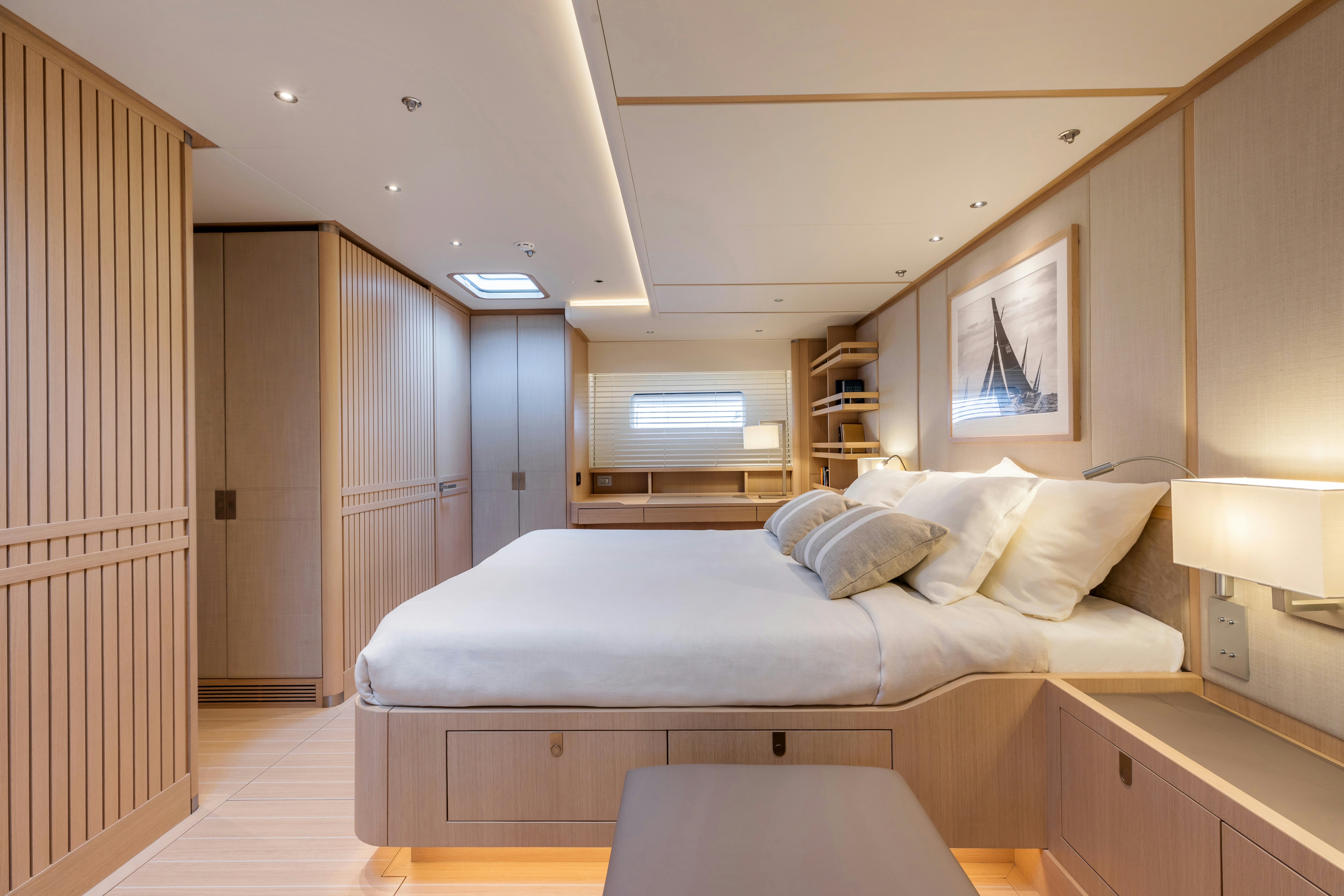 a bed in a room aboard ALIX Yacht for Sale