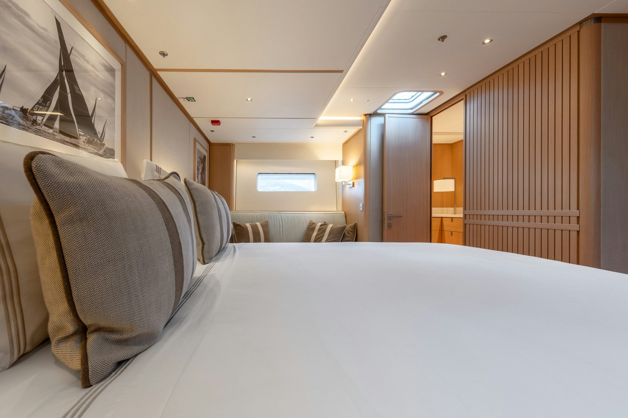 a bed in a room aboard ALIX Yacht for Sale