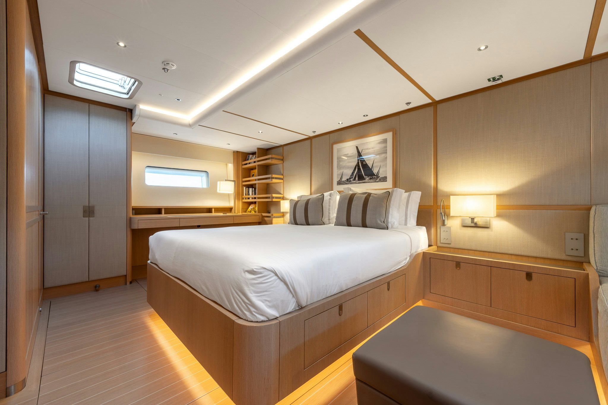 a room with two beds aboard ALIX Yacht for Sale
