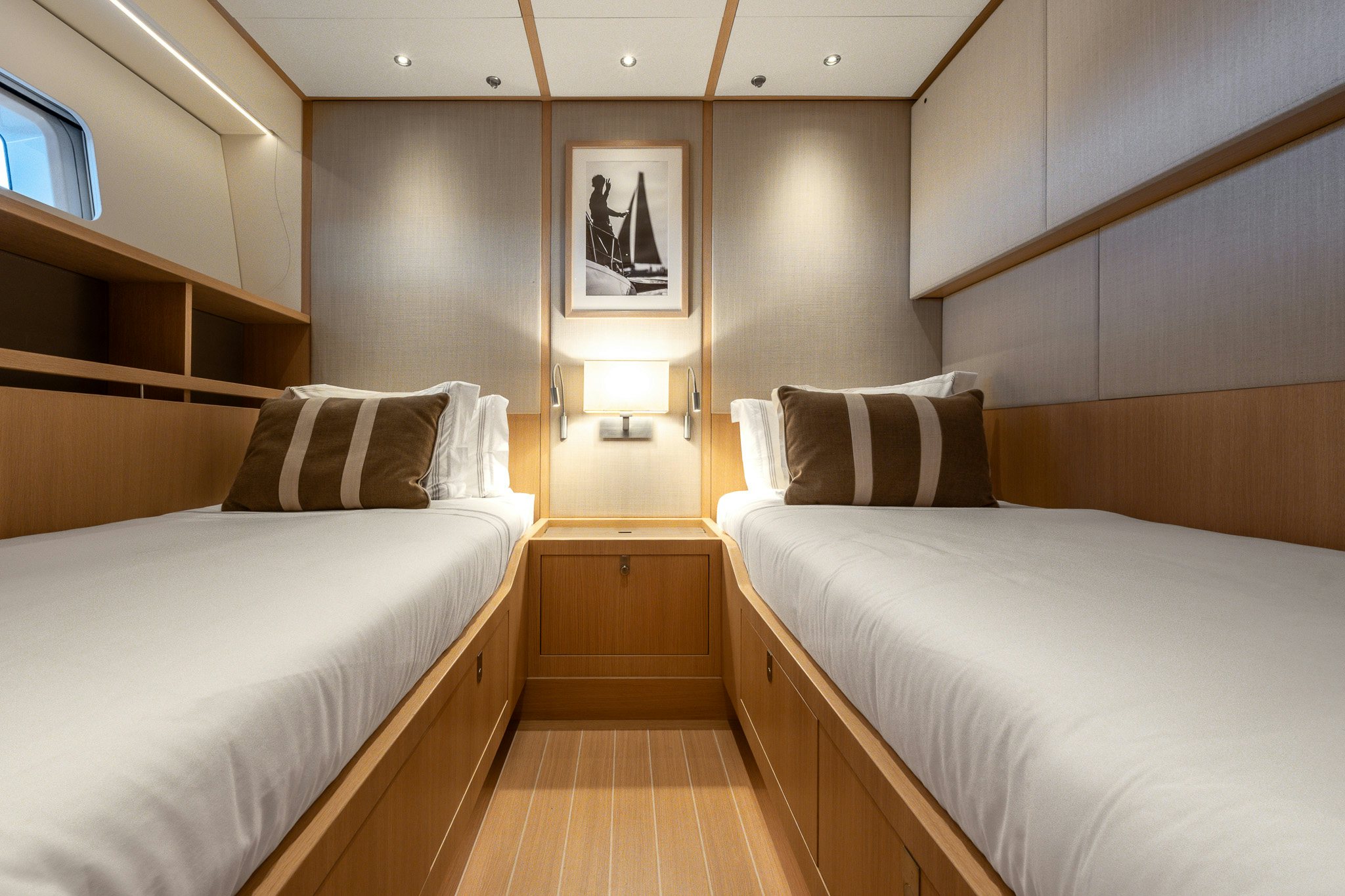 a room with two beds aboard ALIX Yacht for Sale