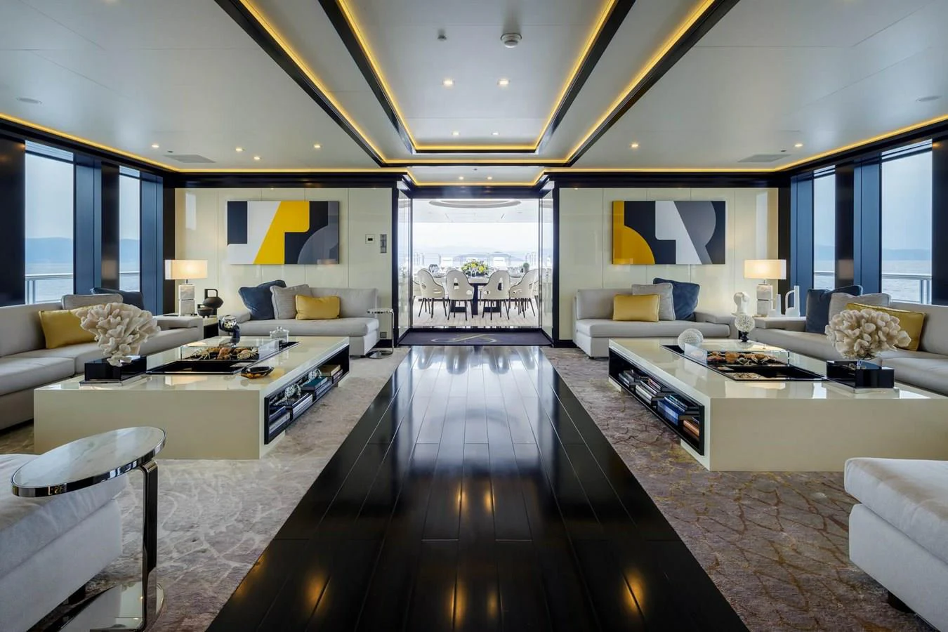 a living room with a large open floor plan aboard SAPPHIRE Yacht for Charter