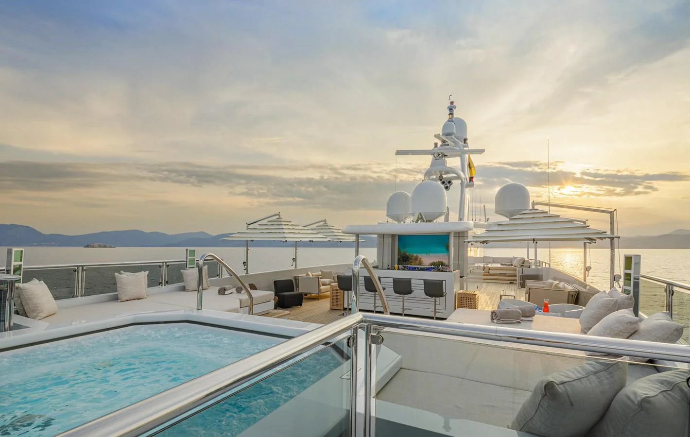 a boat with a satellite dish on it aboard SAPPHIRE Yacht for Charter