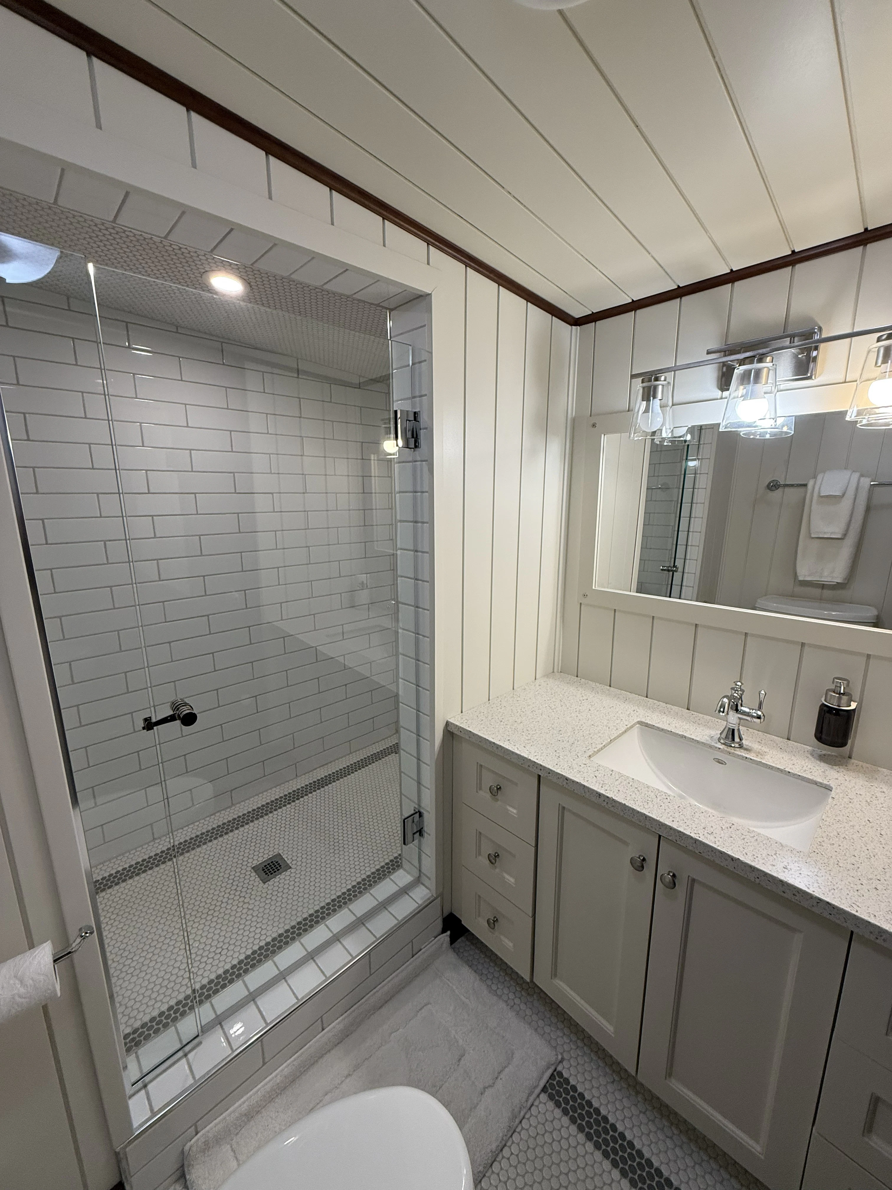 a bathroom with a shower unit and sink aboard ANNE S PIERCE Yacht for Sale